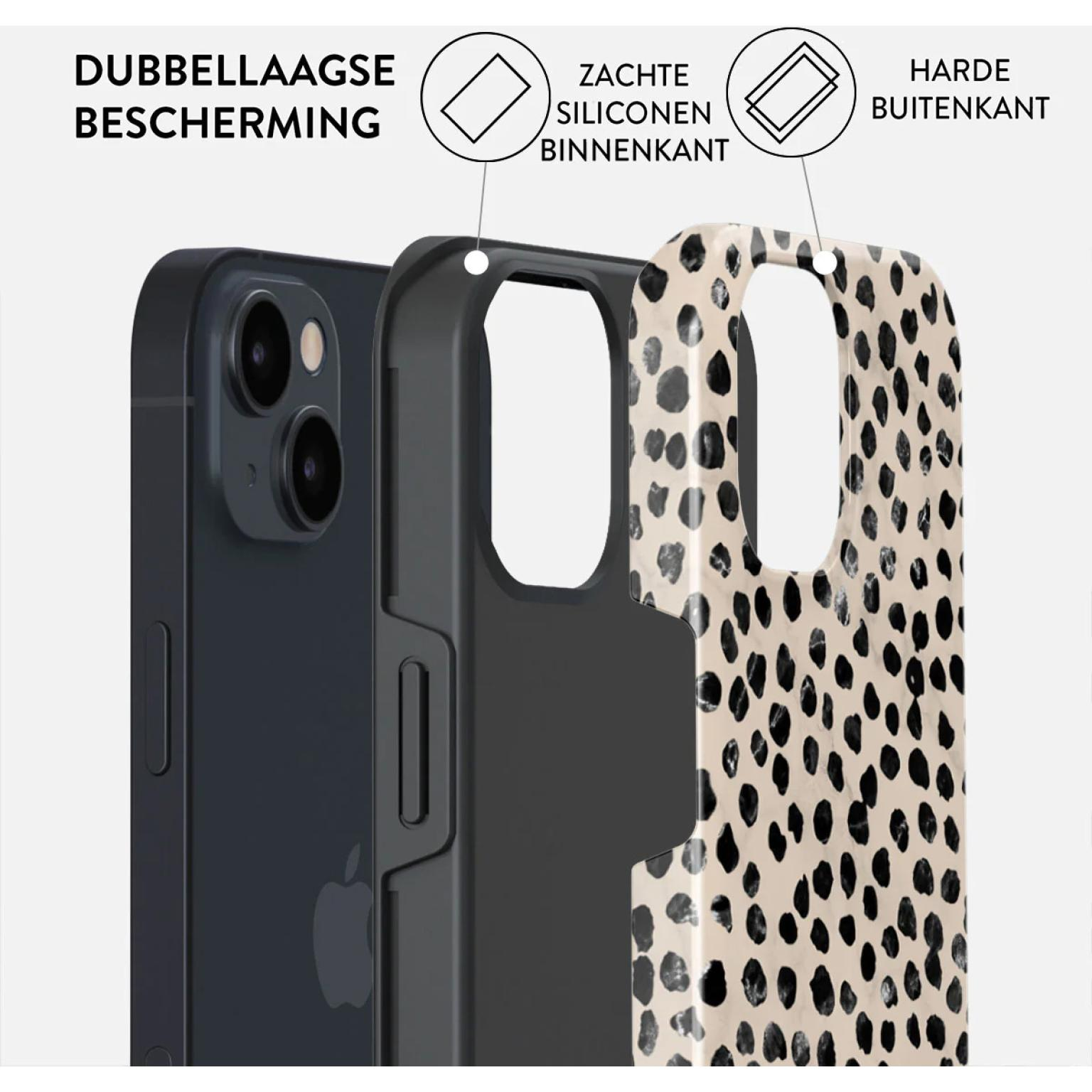Phone case with three layers. Black phone, soft silicone, and a patterned hard exterior layer.