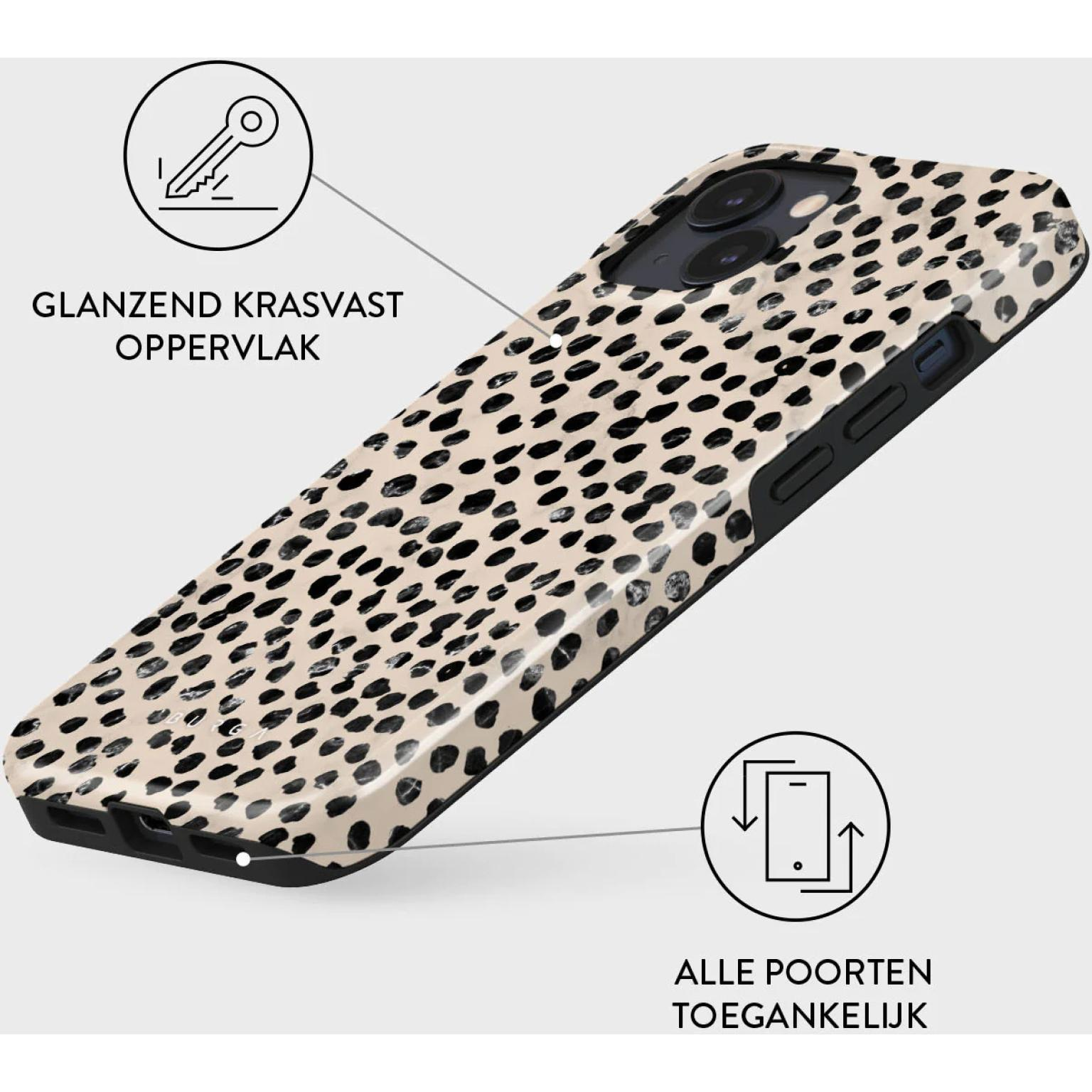 Phone case with black polka dot pattern, key icon and text, and arrows, highlighting key features. 