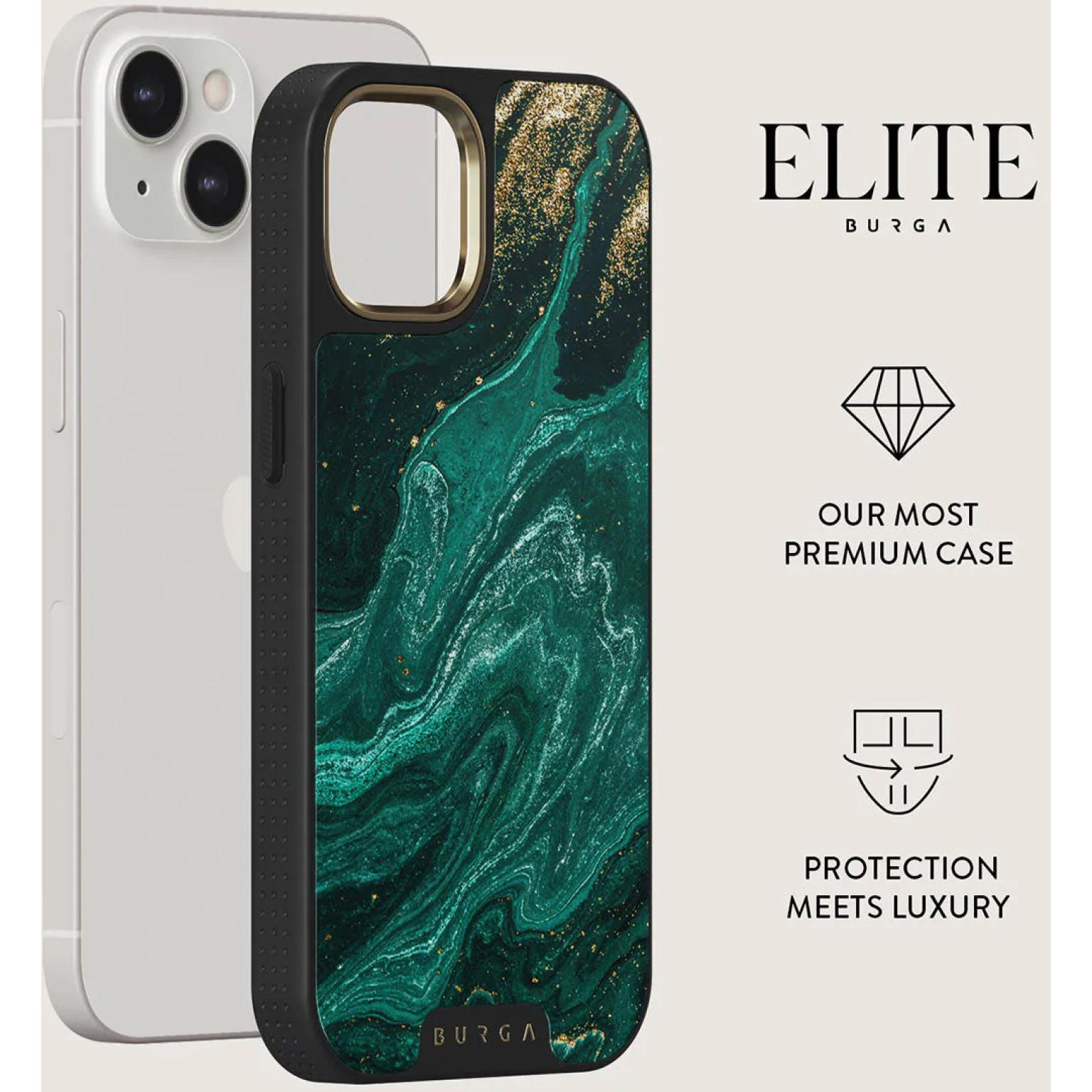 Elite phone case with green marble and gold accents.