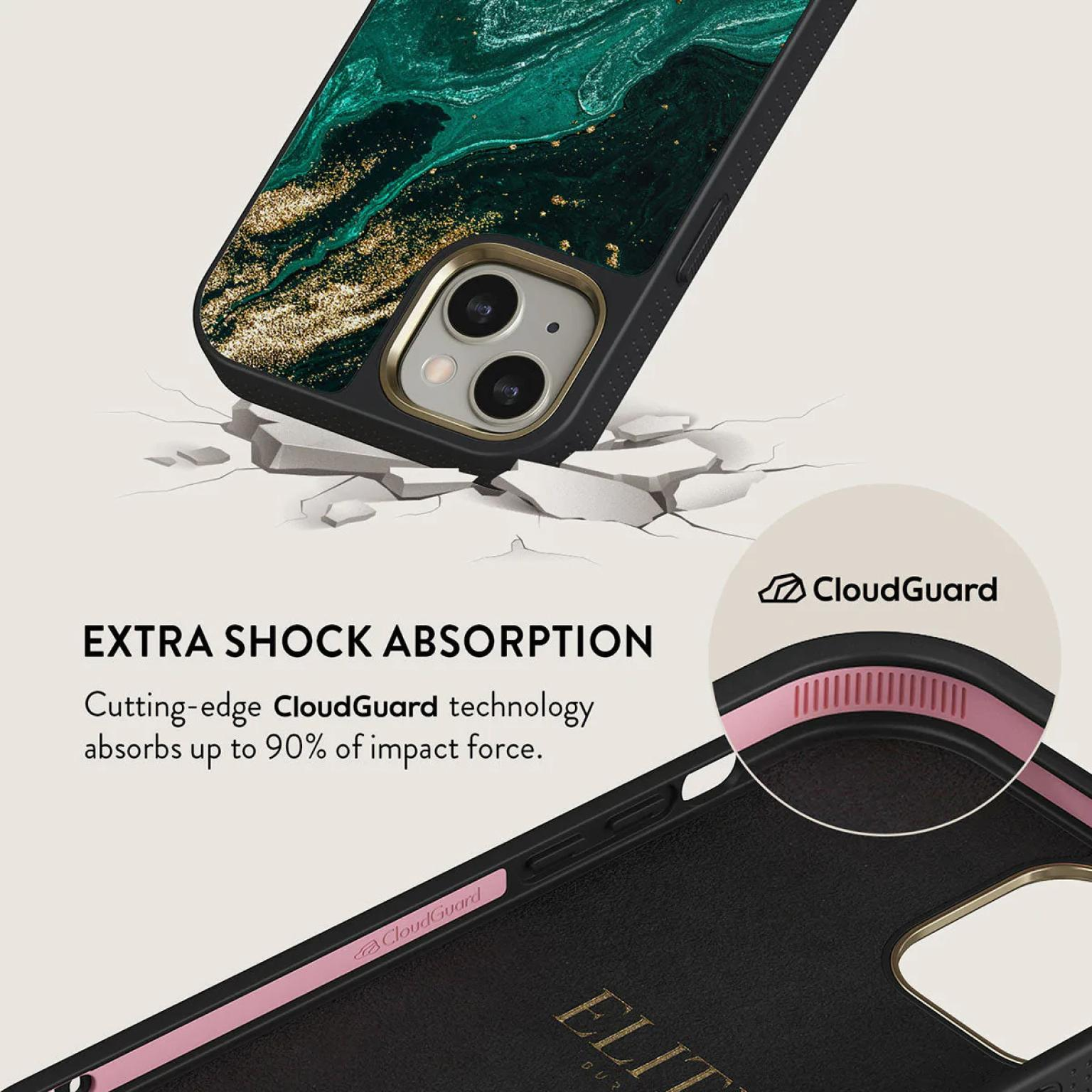 Phone case showcasing a green and gold marble effect.