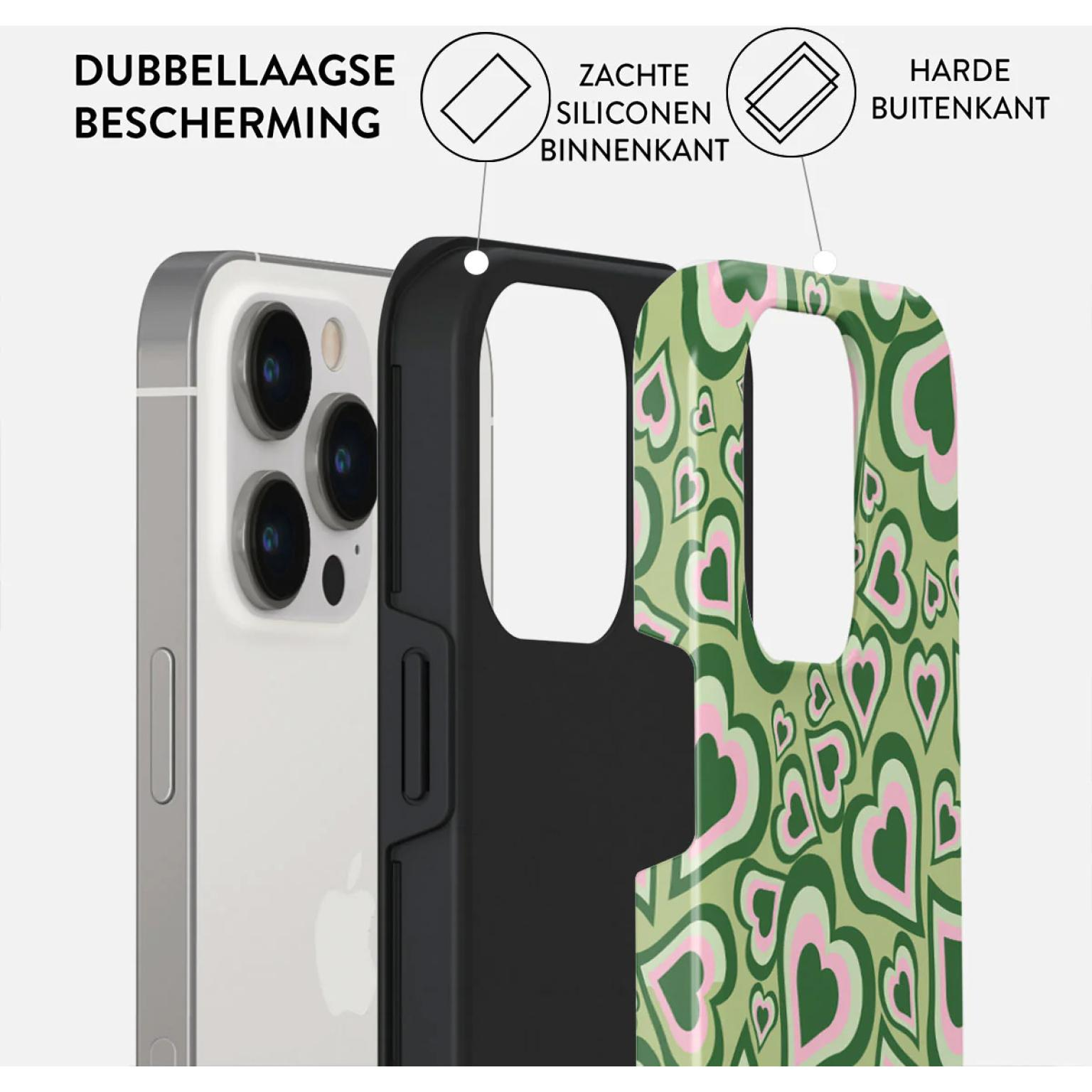Phone case layers: phone, black frame, silicone, and green hearts pattern.