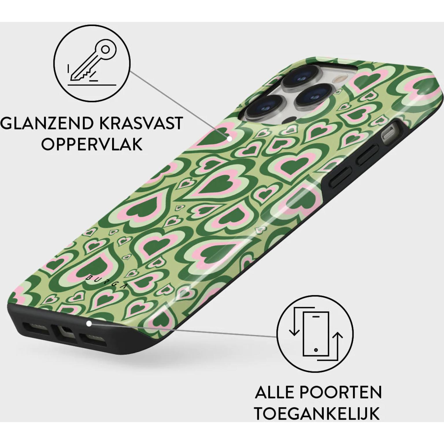 Phone case with green hearts pattern, glossy surface. Key and phone port icons are shown.