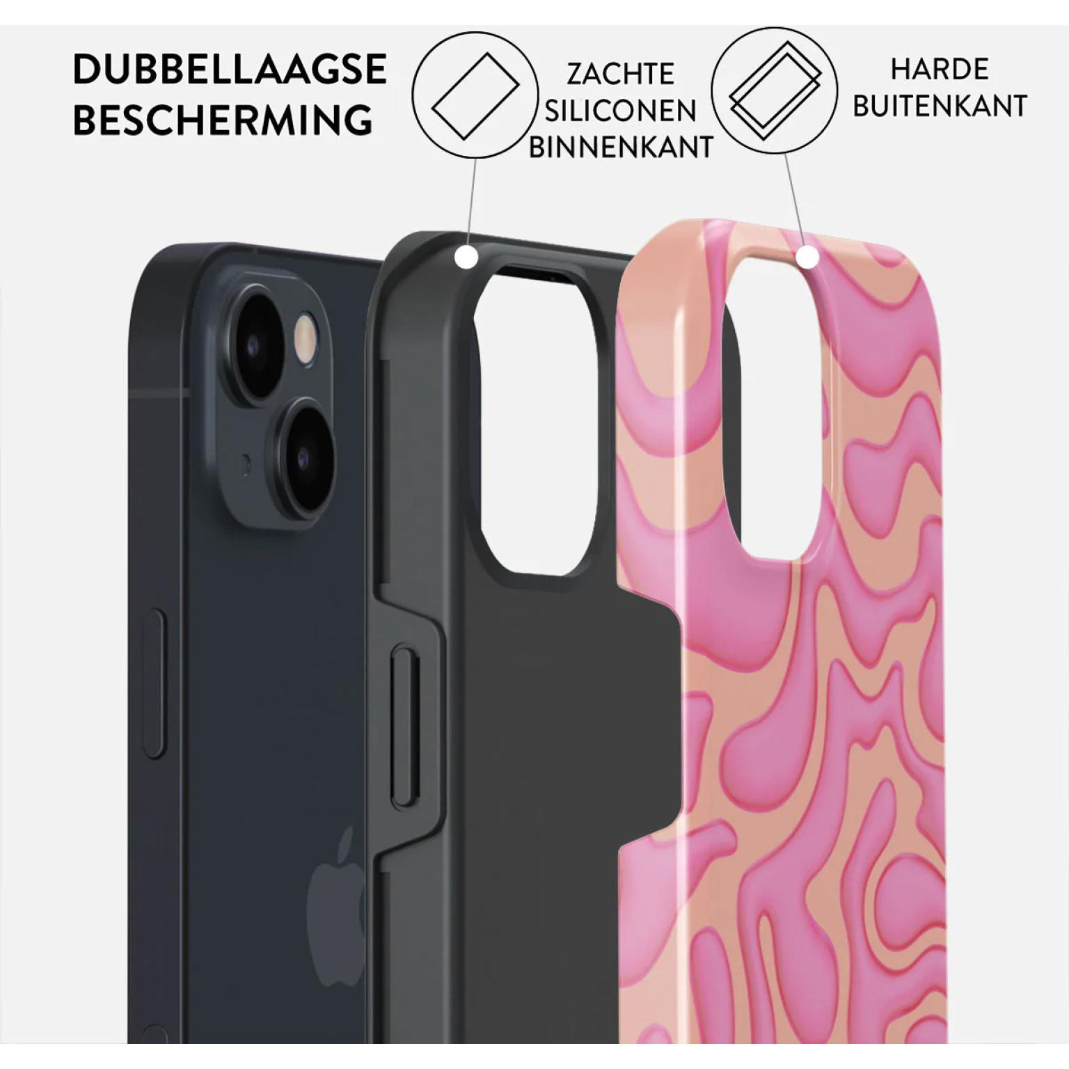 Phone case: pink abstract design, hard outer layer, soft silicone inner layer, and a phone.