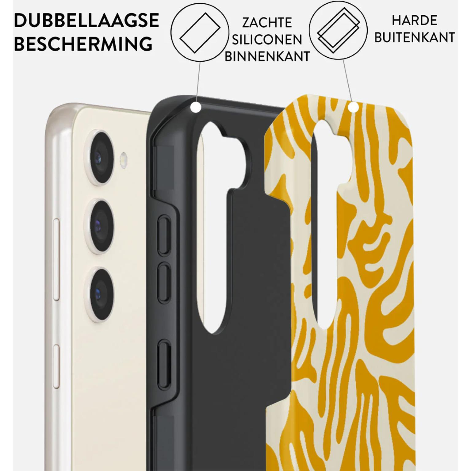 Phone case layers: phone, black interior, yellow zebra exterior.