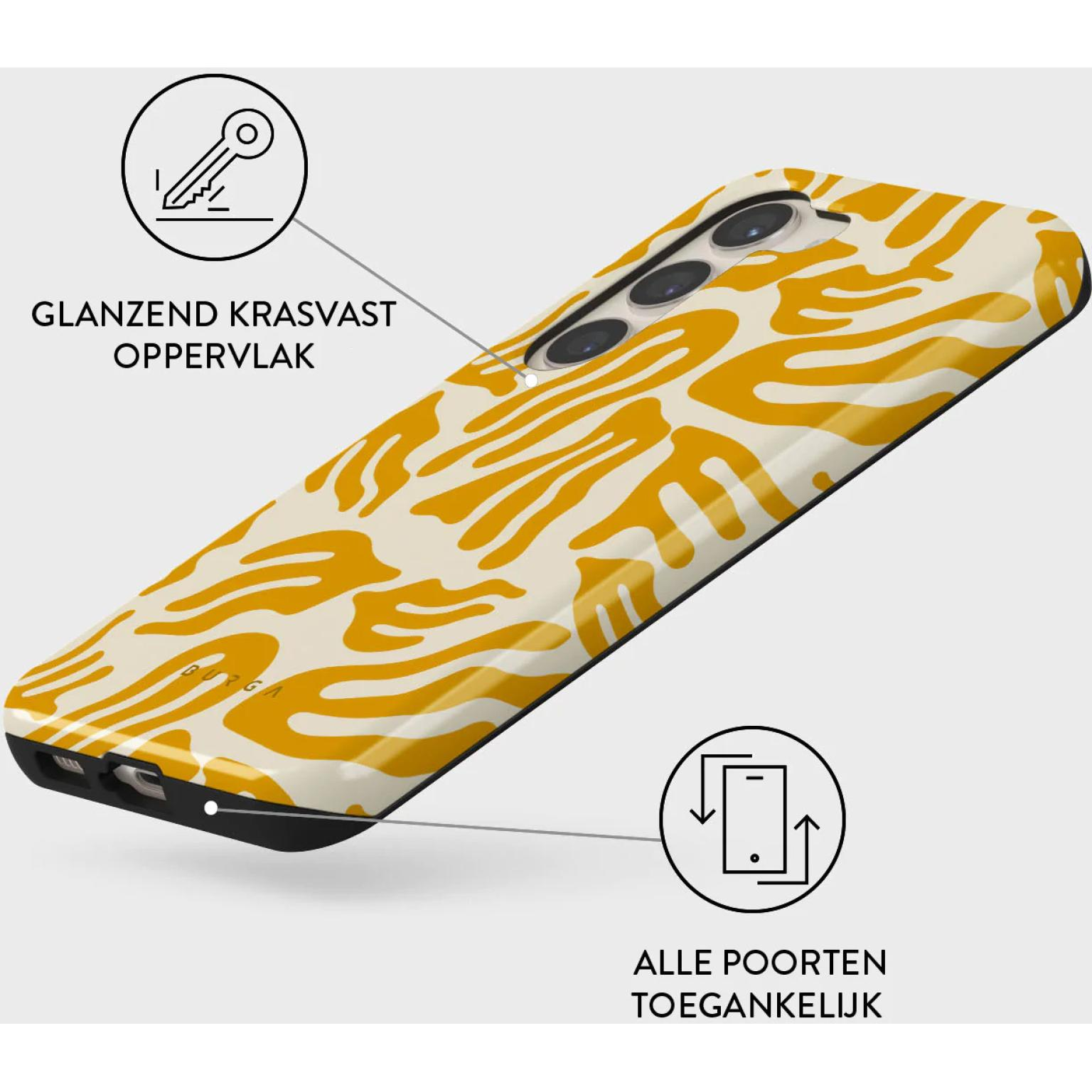 A phone case with a yellow and cream abstract pattern, glossy surface, and accessible ports.