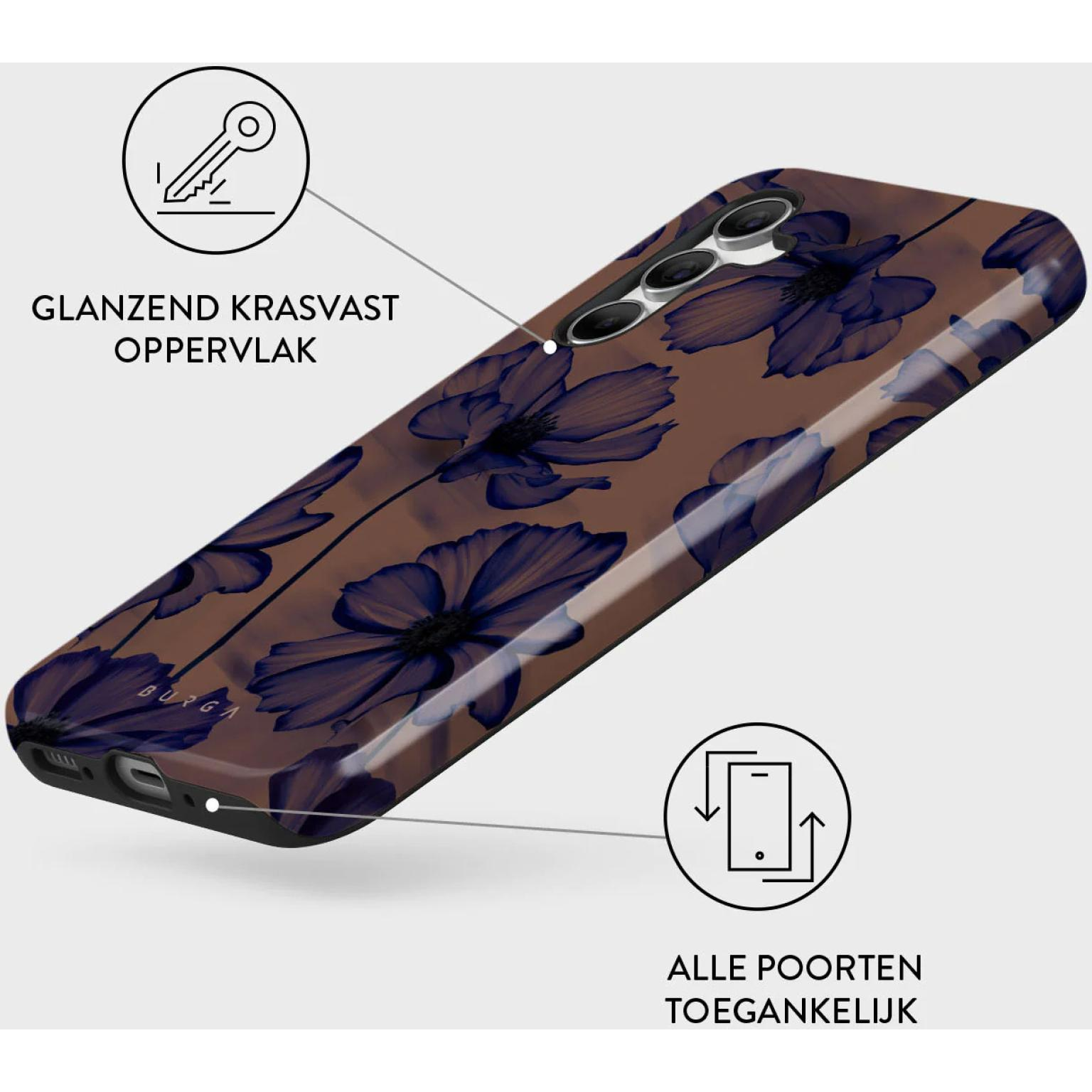 Telefoonhoesje met een bruine achtergrond en blauw bloemenontwerp. Het heeft een glanzend, krasbestendig oppervlak.