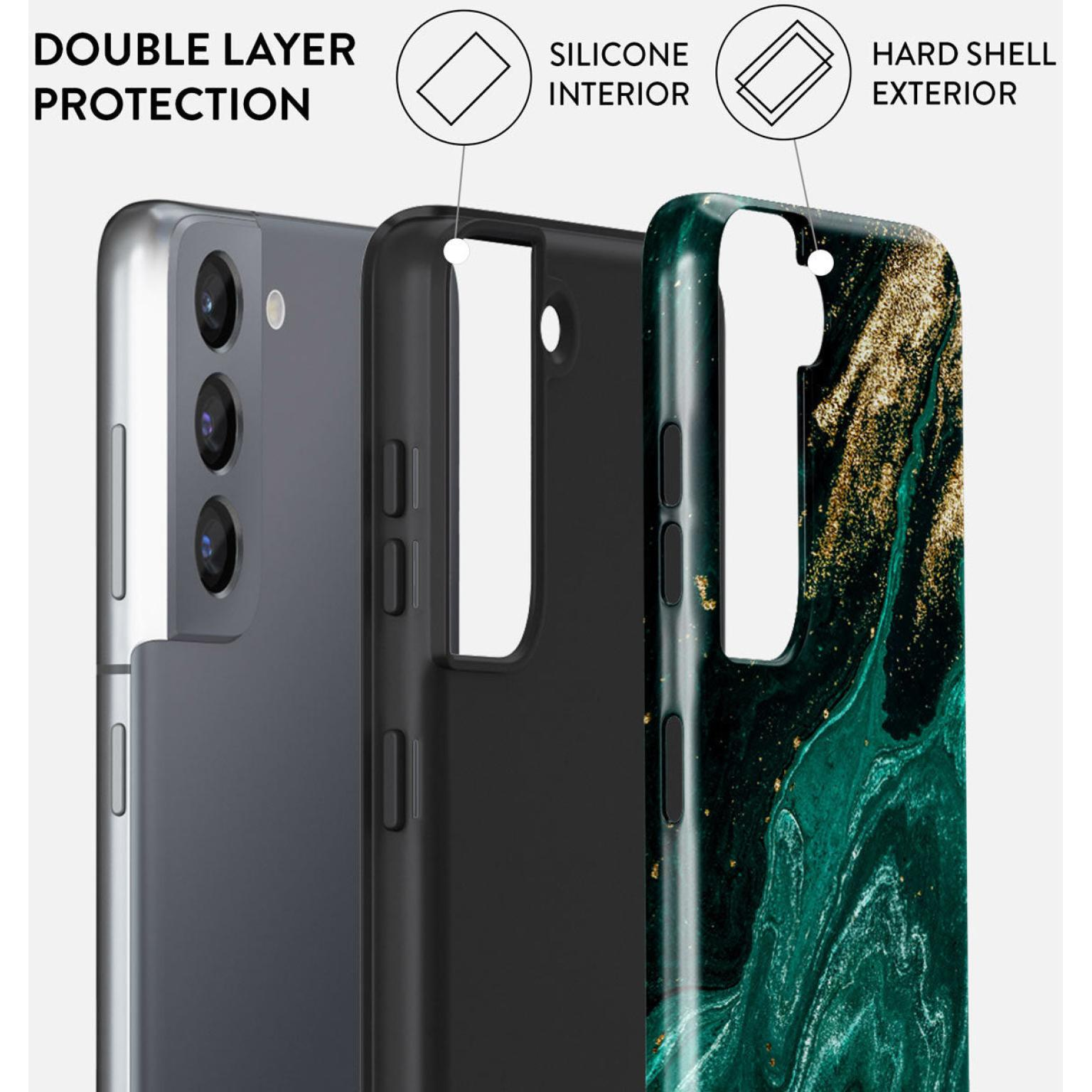 Dubbellaagse beschermende telefoonhoes met een telefoon erin. De hoes heeft een harde buitenkant.