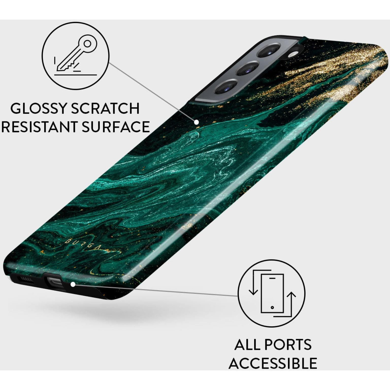 Groen en goud marmer telefoonhoesje. Glanzend oppervlak. Icoon voor alle toegankelijke poorten wordt getoond.