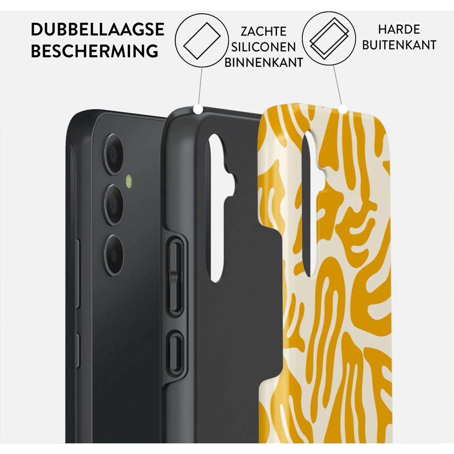 Phone case showing double layer protection. The exterior has a yellow abstract pattern.