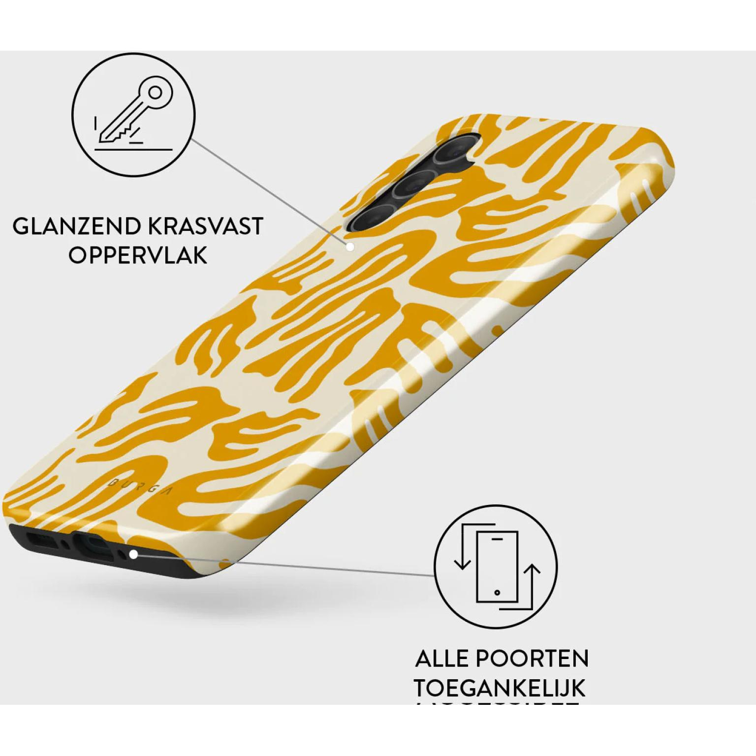 Phone case with a yellow zebra-like pattern. The surface is glossy and scratch-resistant.