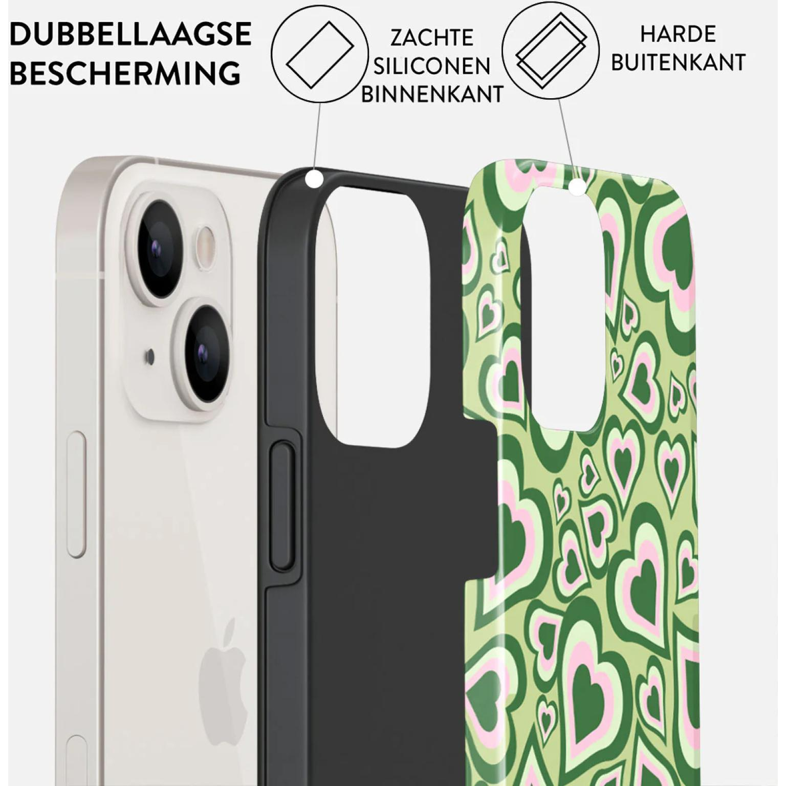 Phone case showing layers. Green and pink heart pattern.