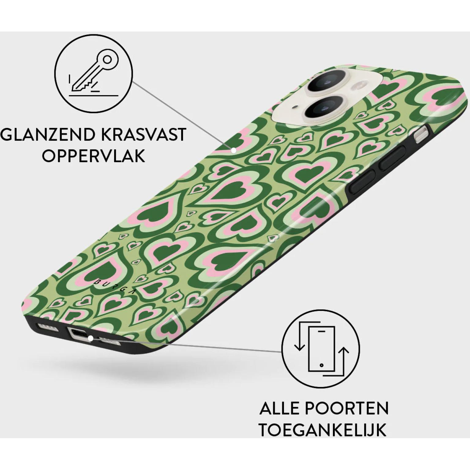 Green phone case with pink hearts pattern and key icon, glossy surface and accessible ports.