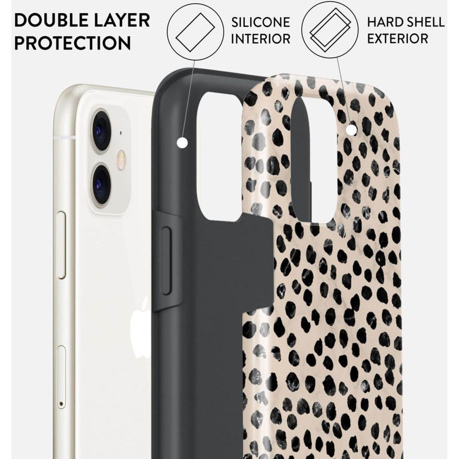 Double-layer phone case, beige and black leopard pattern.