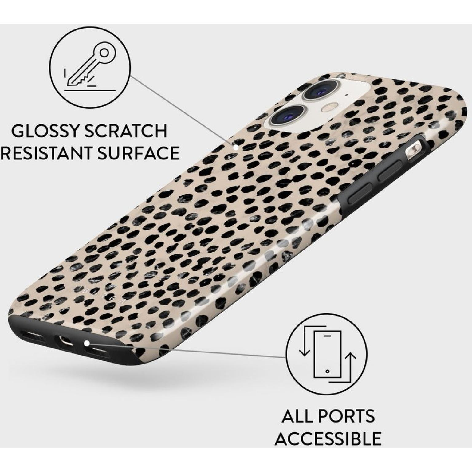 Phone case with black dots, shiny and scratch-resistant surface.