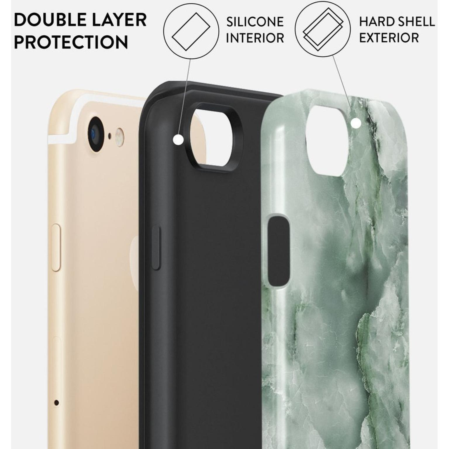 Phone case layers: gold phone, black silicone interior, and green marble hard shell exterior.