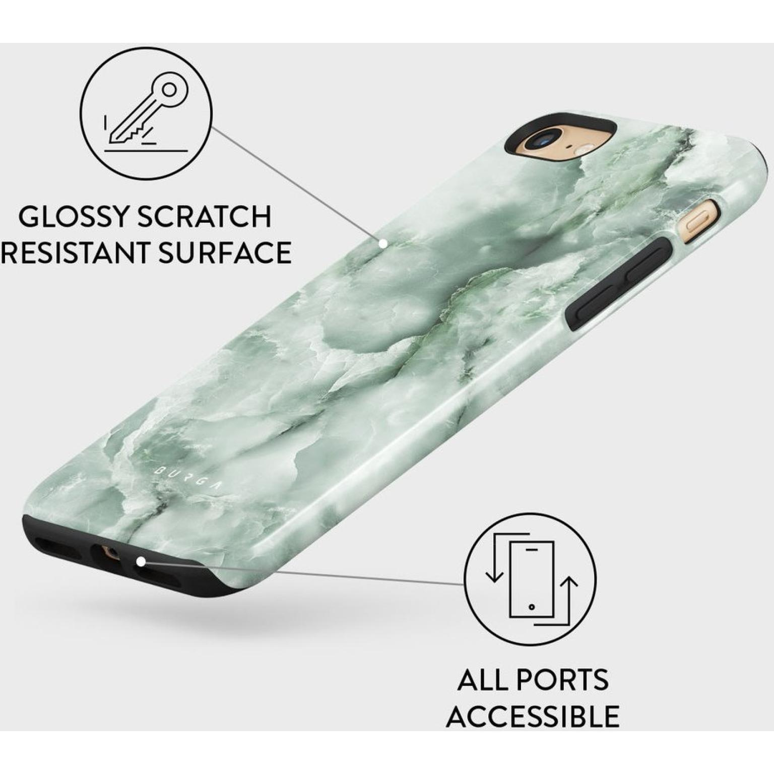Phone case with a marble-like pattern. Green and white colors.