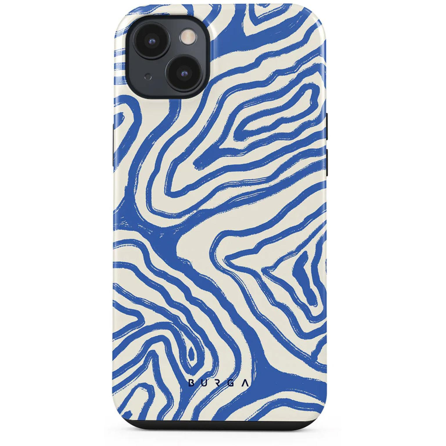 Une coque de téléphone avec un motif zébré bleu et blanc.
