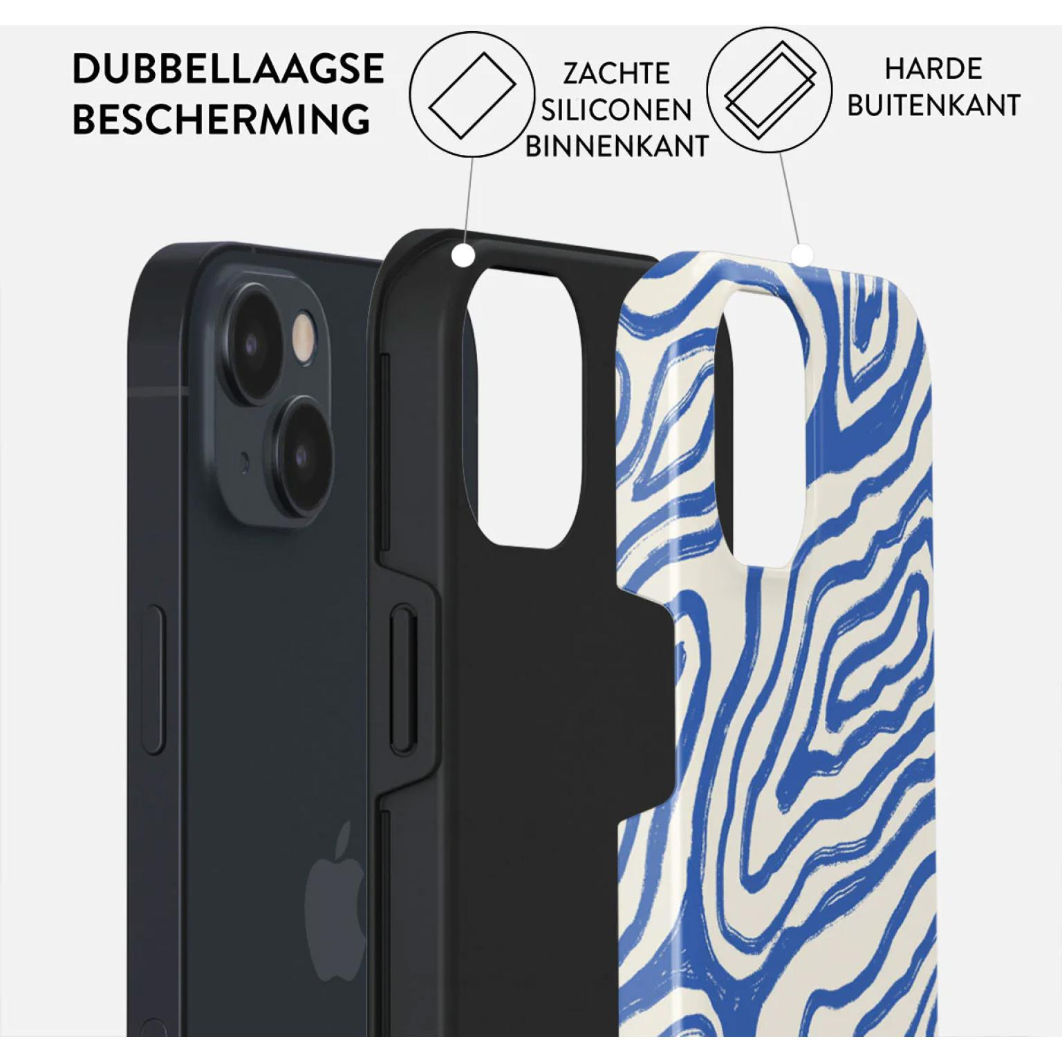 Coque avec double protection : motif zèbre bleu et blanc, intérieur noir et blanc.