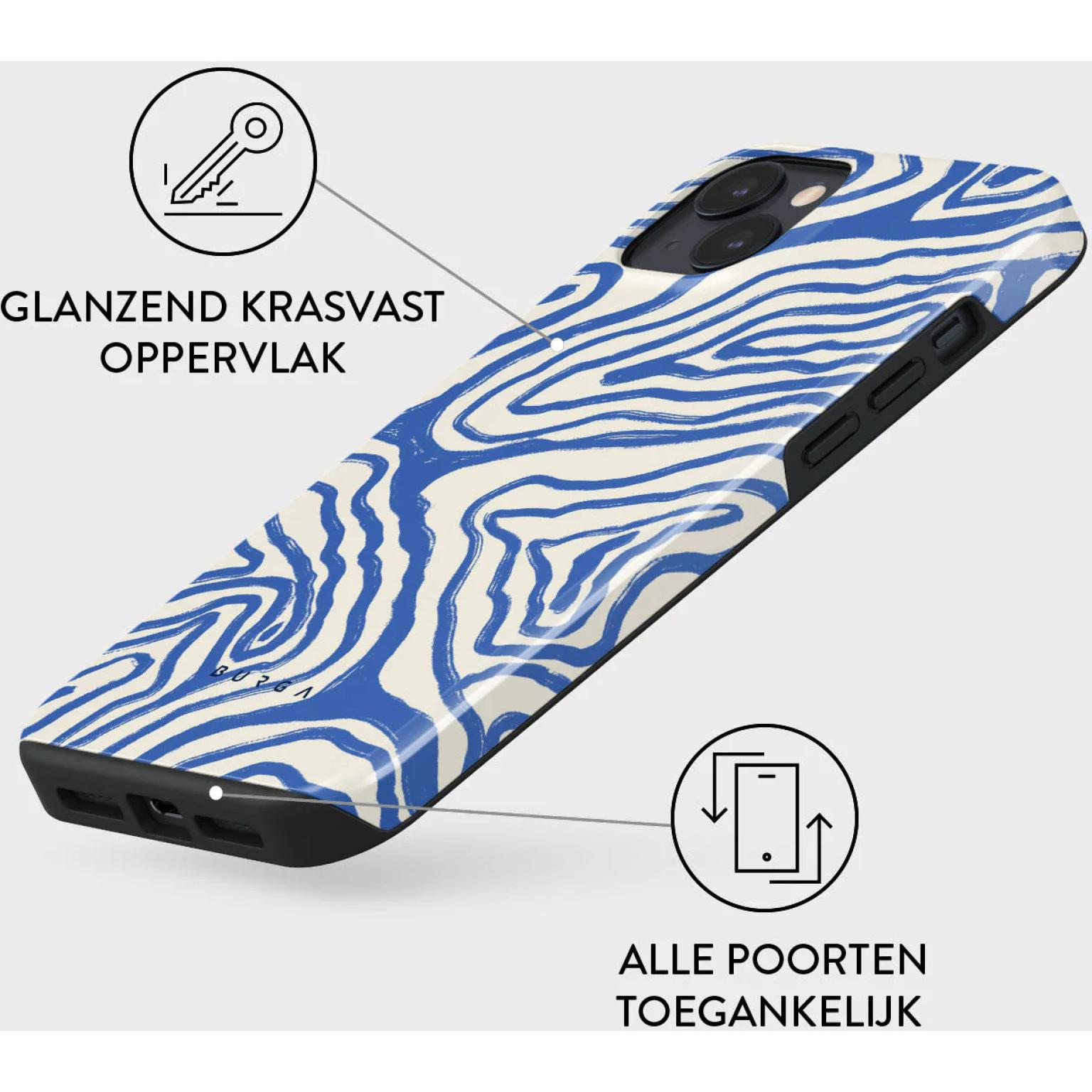Coque avec motif zébré bleu, surface brillante, ports accessibles.