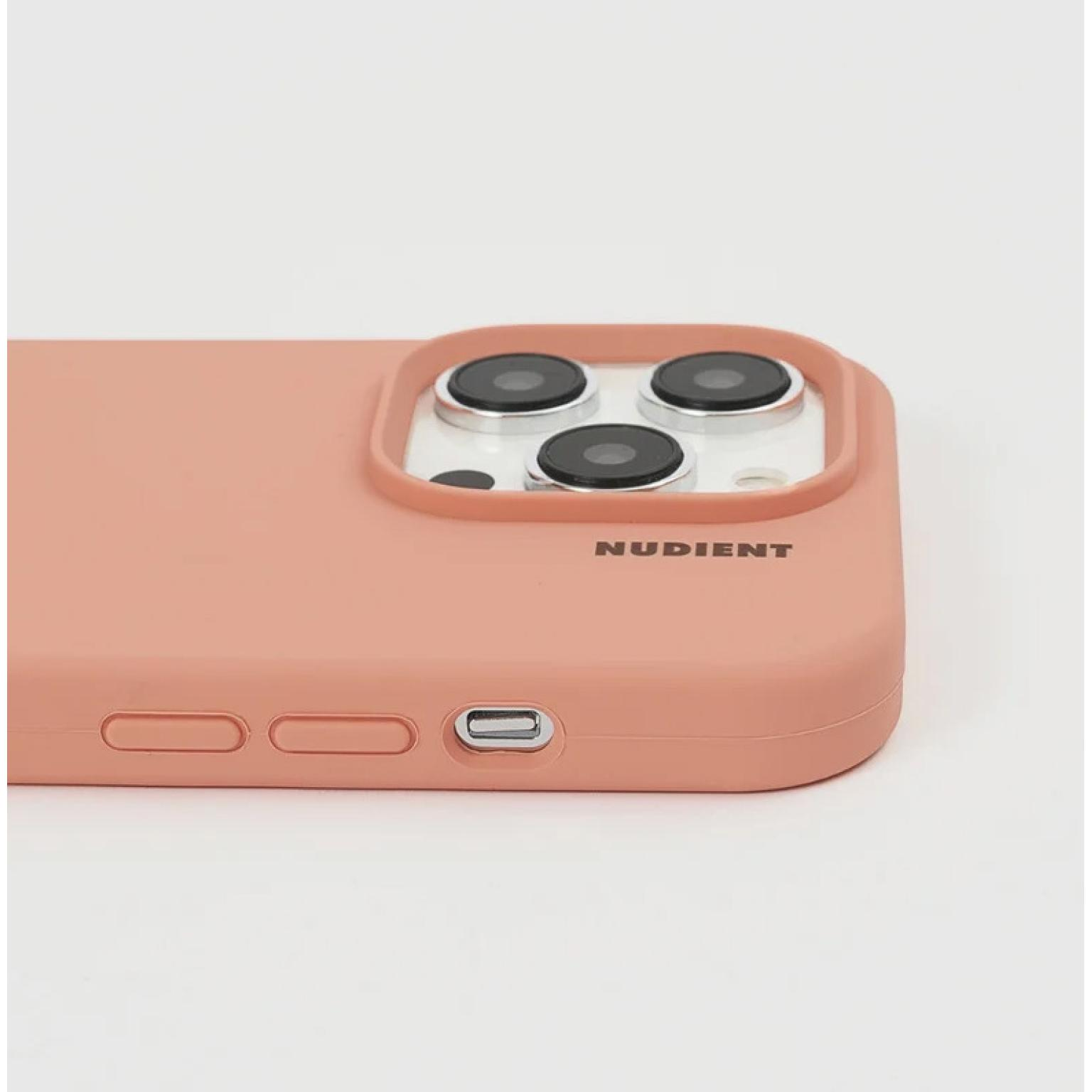 Peach-colored phone case. NUDIENT logo is visible.