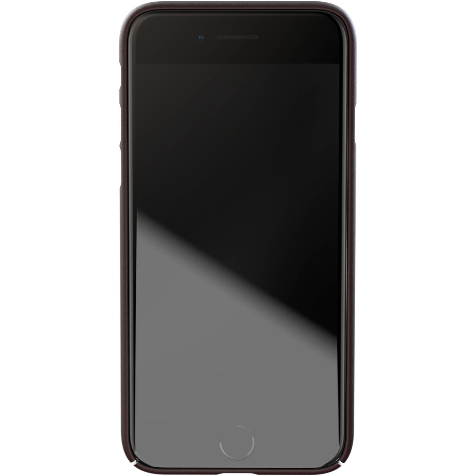 Phone case on a white background. It has a black screen and a dark brown case.
