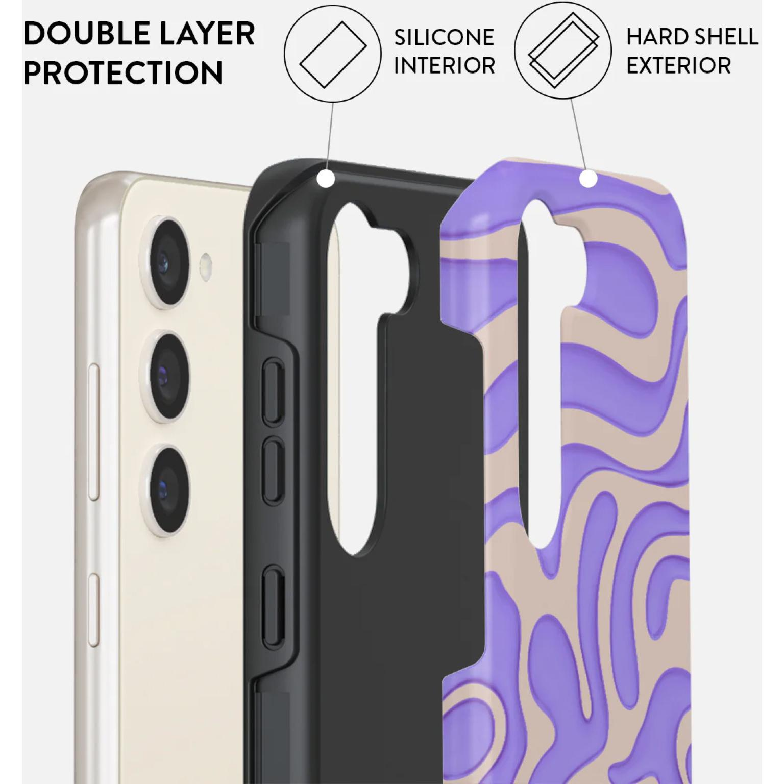 Phone case layers: white phone, black case, and purple abstract design on a beige background.