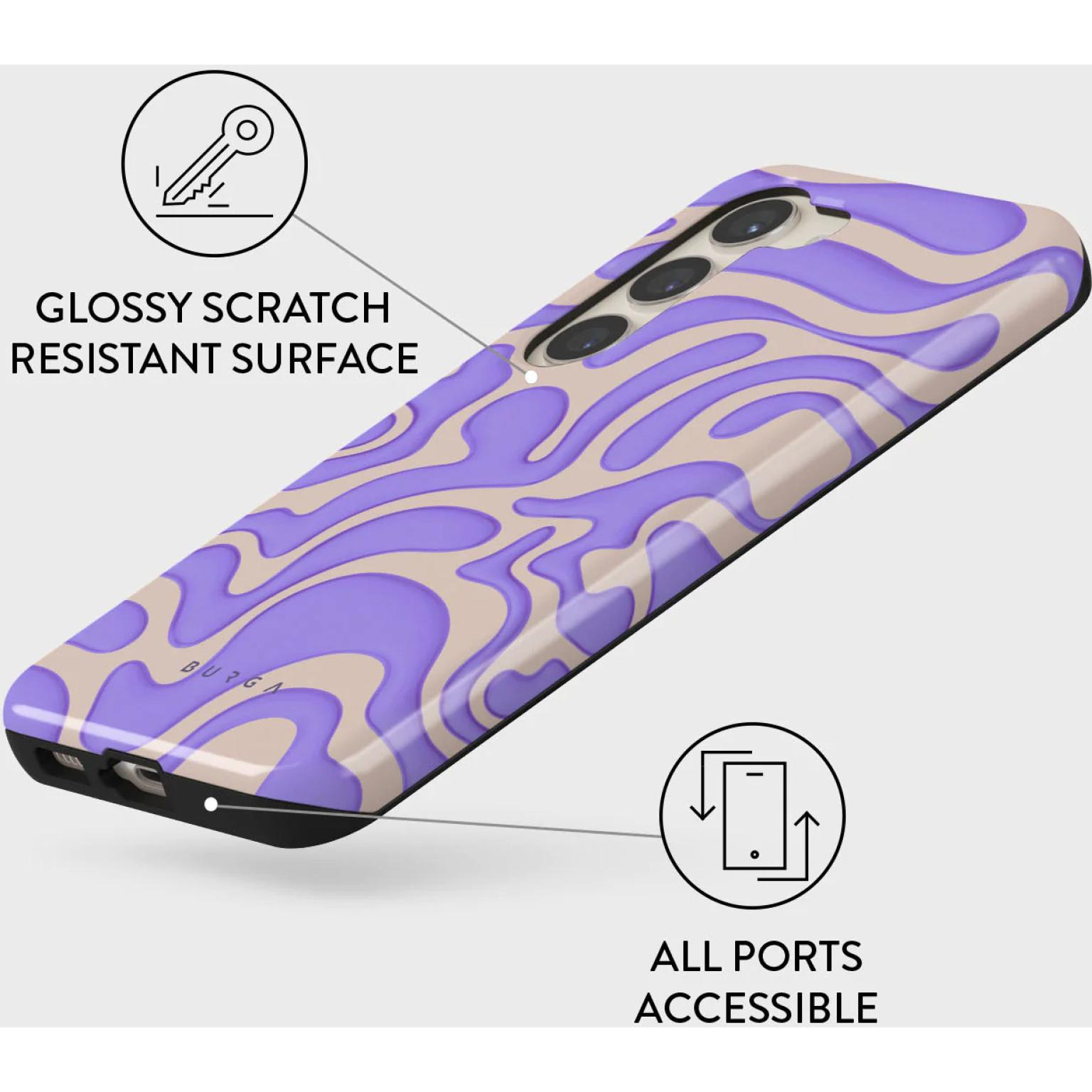 Phone case with purple and beige wavy pattern, glossy and scratch resistant surface.