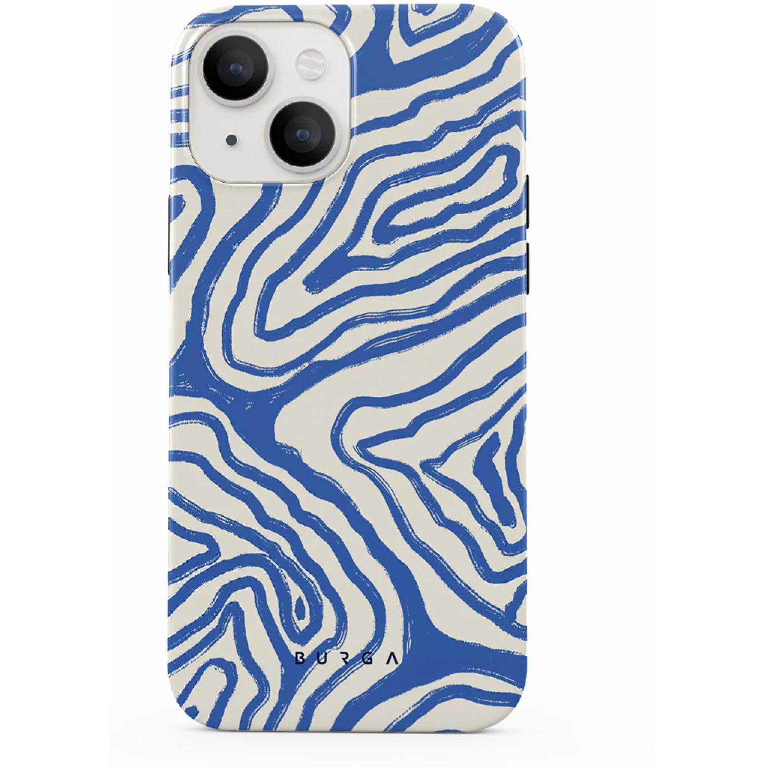 Telefoonhoesje. Blauw zebra-achtig patroon op een witte achtergrond.