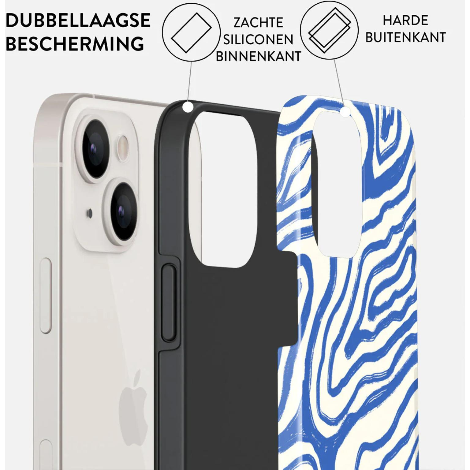 Telefoonhoesje met blauw en wit abstract ontwerp. Lagen gelabeld.
