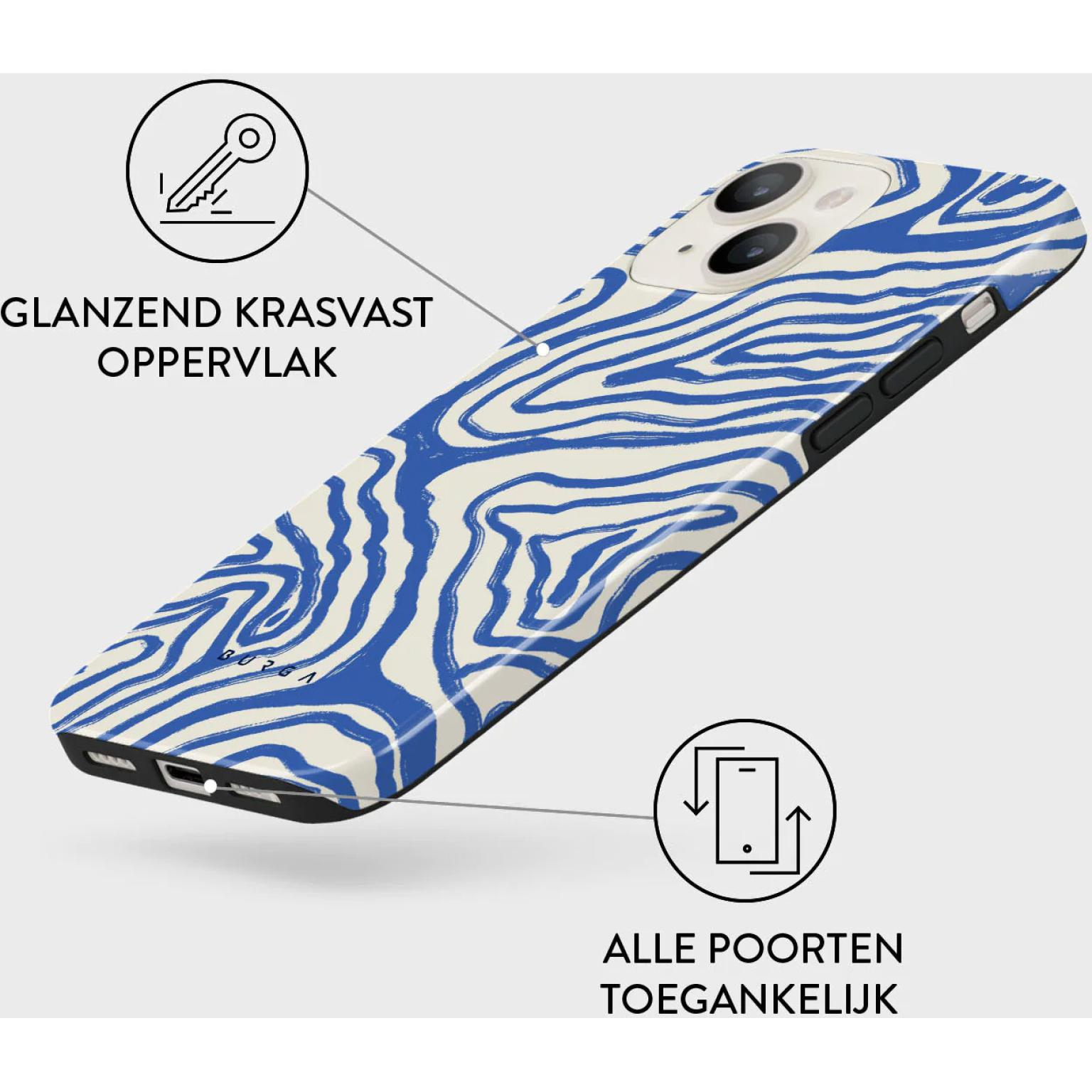 Telefoonhoesje met blauw-wit zebrapatroon.