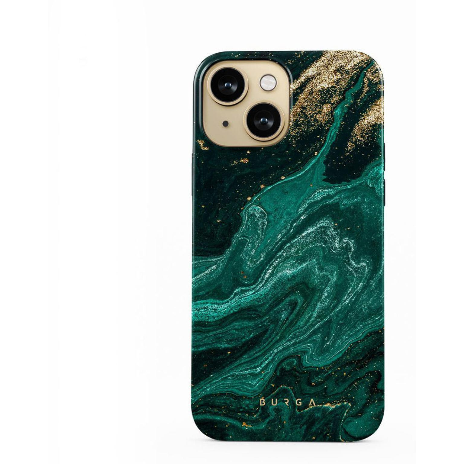 Telefoonhoesje met een groen marmerontwerp op een witte achtergrond.