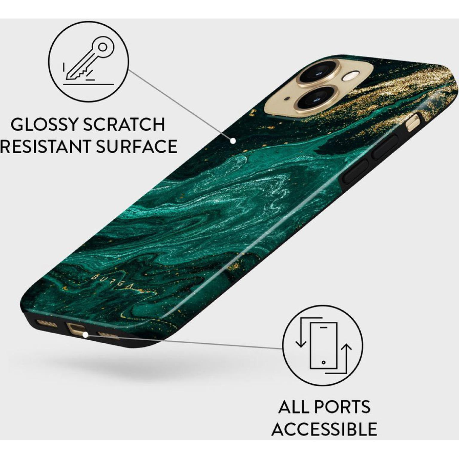 Telefoonhoesje met een groen marmerpatroon. Er zijn tekstlabels aanwezig, waaronder 'Glossy Scratch Resistant'.