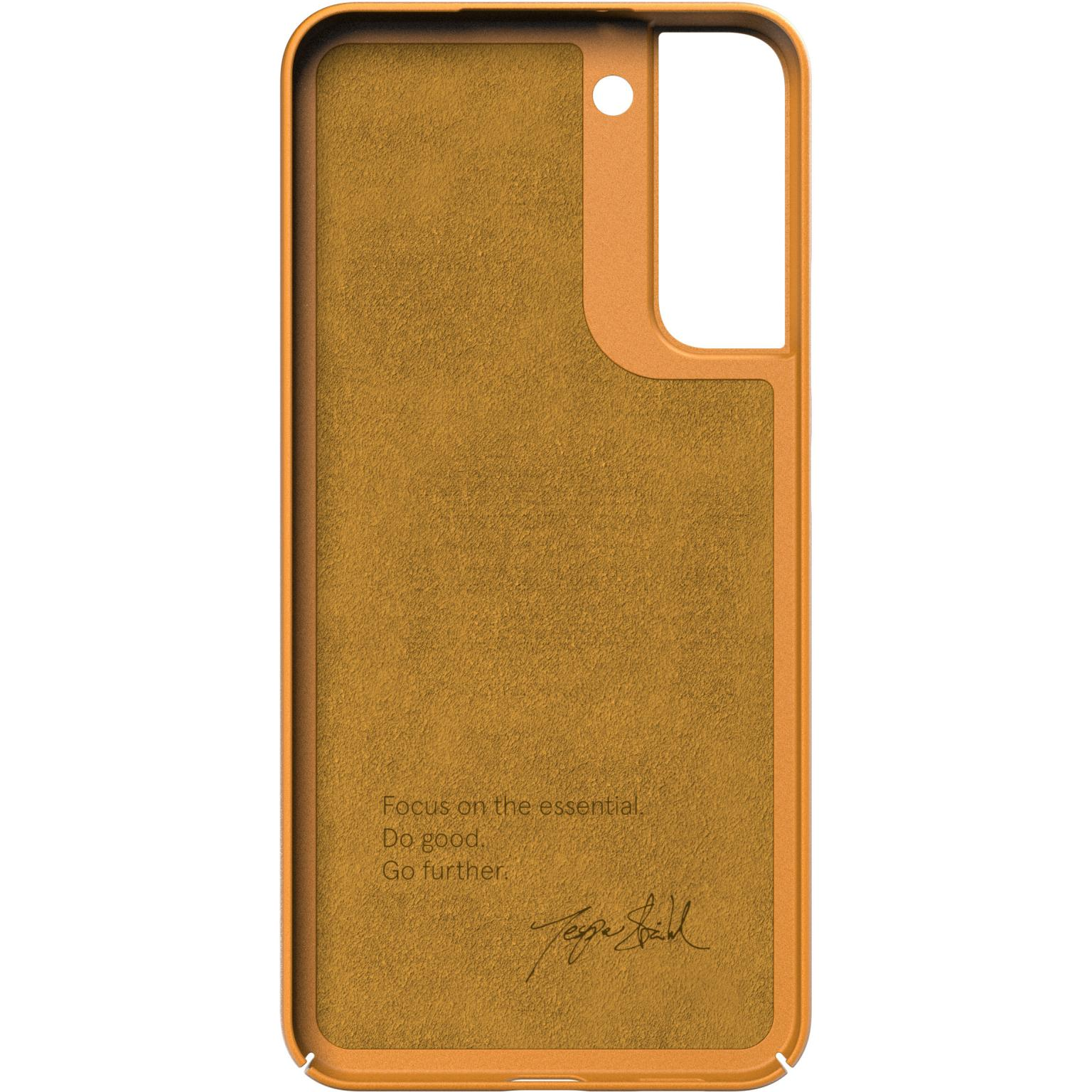 Orange phone case interior. Text reads, "Focus on the essential, Do good, Go further".
