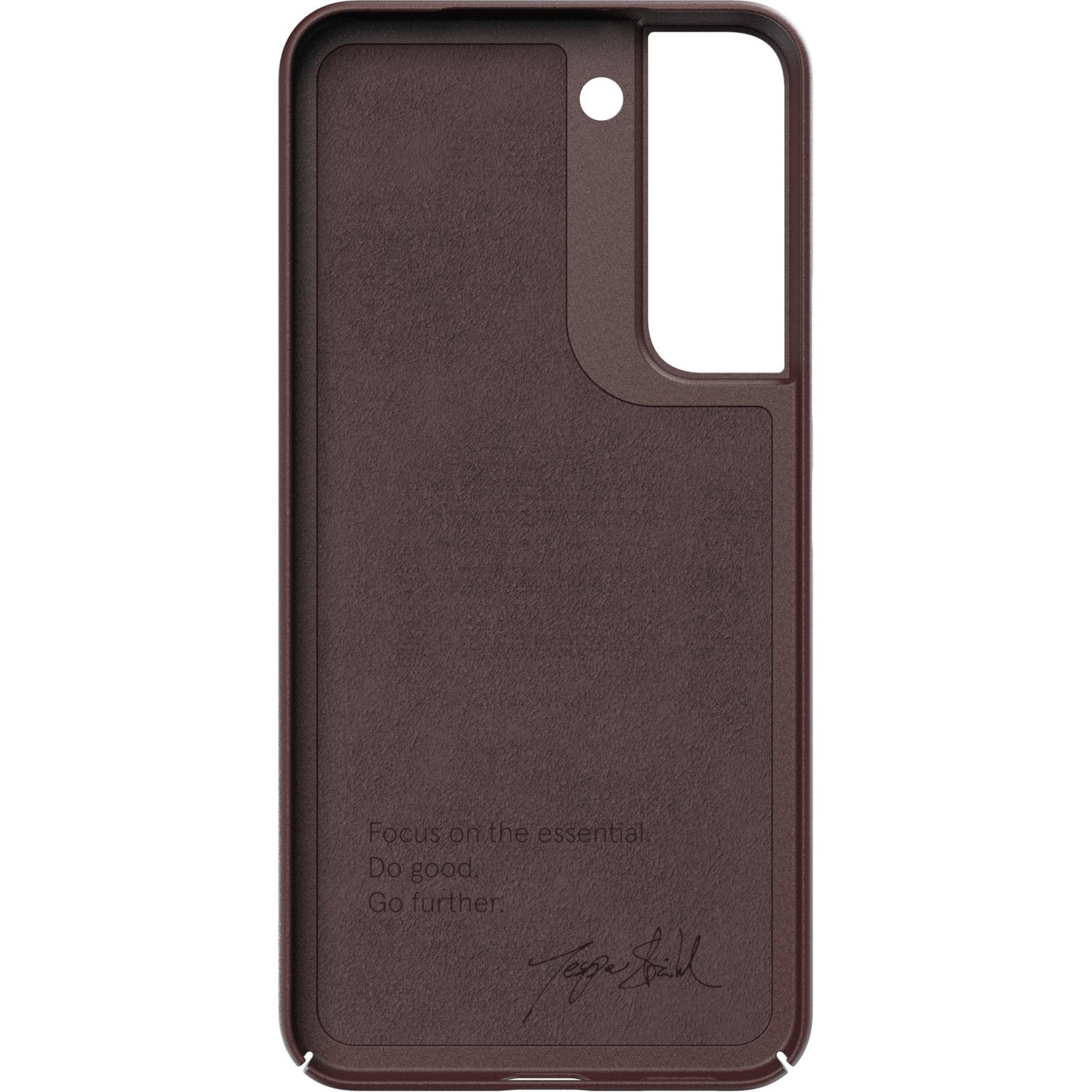 Brown phone case interior with text, signature, and a camera cutout. White background.