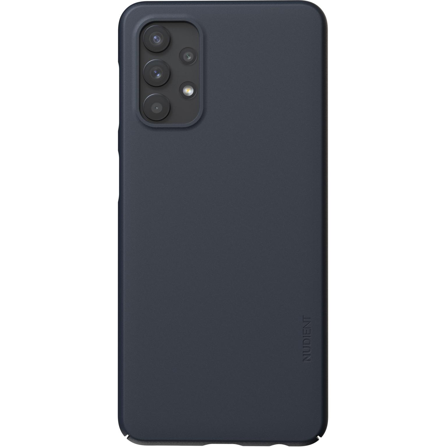 Dark blue phone case with camera array. Simple design. White background.