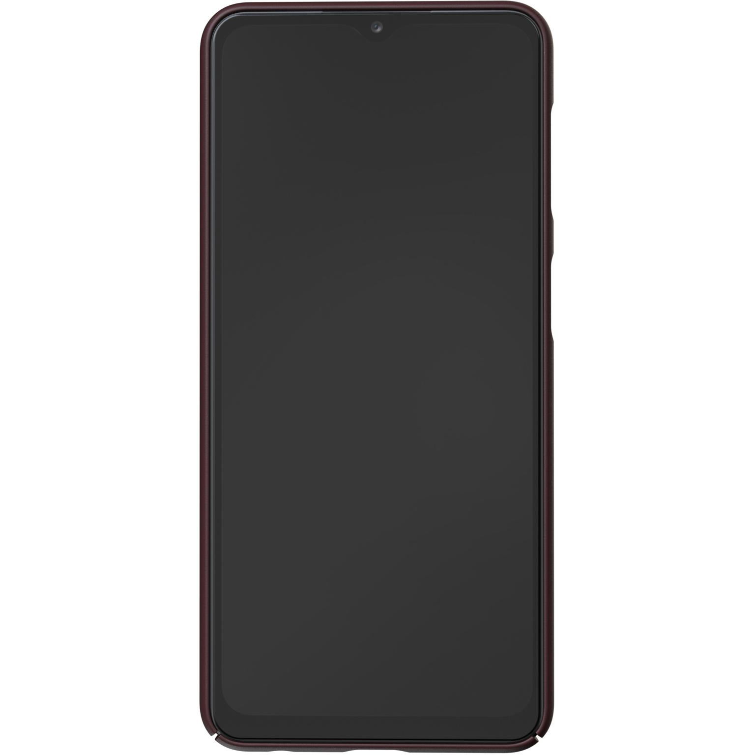 A phone with a black screen, inside a maroon phone case.