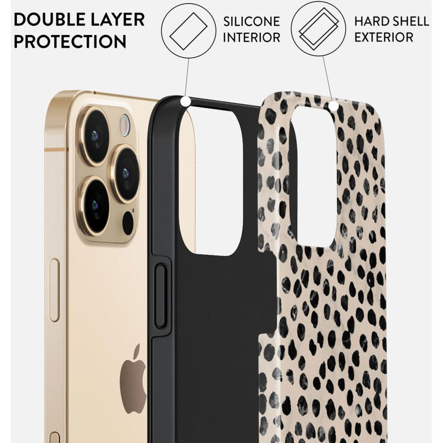 Strati della custodia del telefono: telefono dorato, silicone nero e guscio rigido con stampa leopardata, protezione a doppio strato.