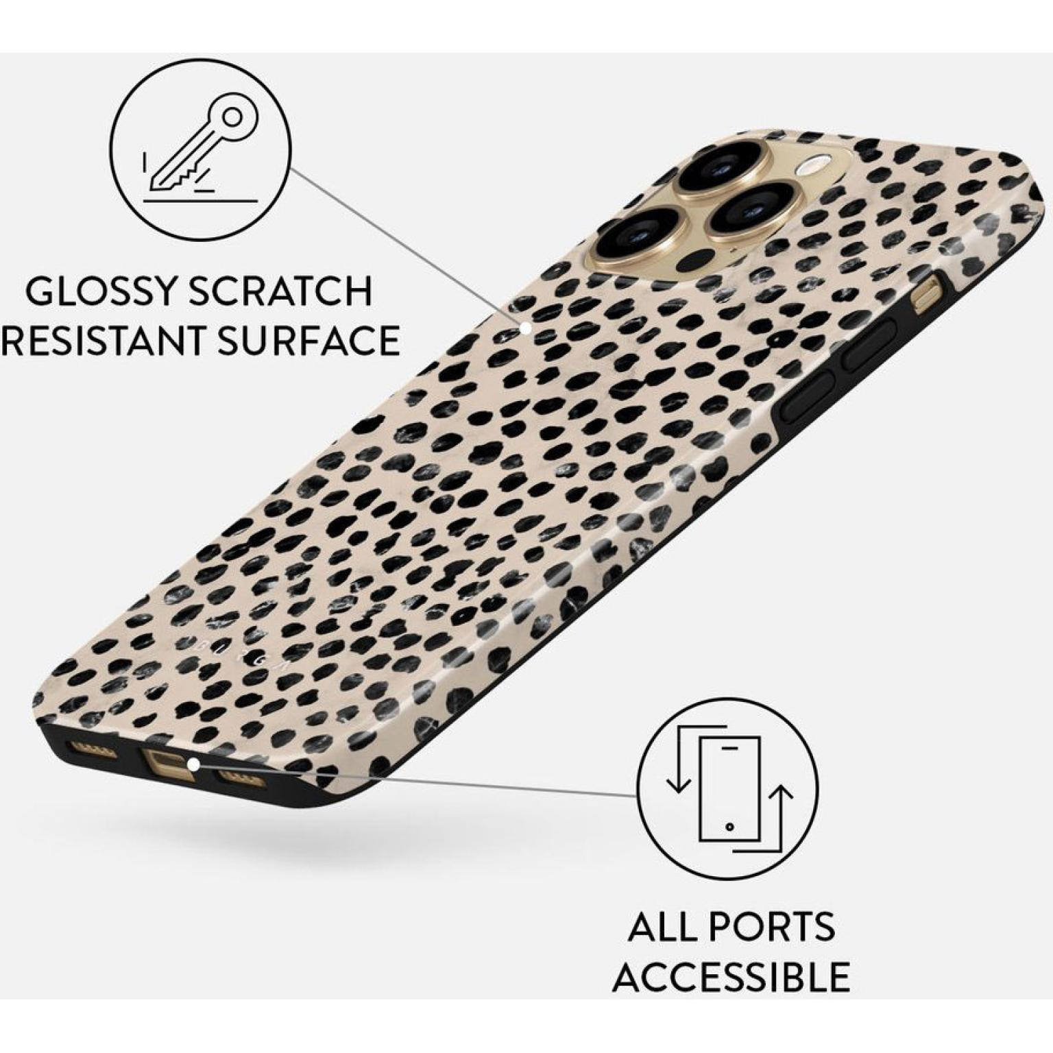 Custodia del telefono con macchie nere su sfondo beige, con etichette di testo.