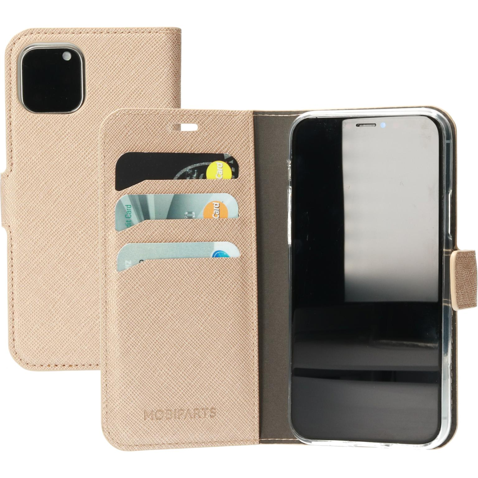Tan telefoonhoes, open, met telefoon en kaartsleuven. Met 'MOBIPARTS' branding.