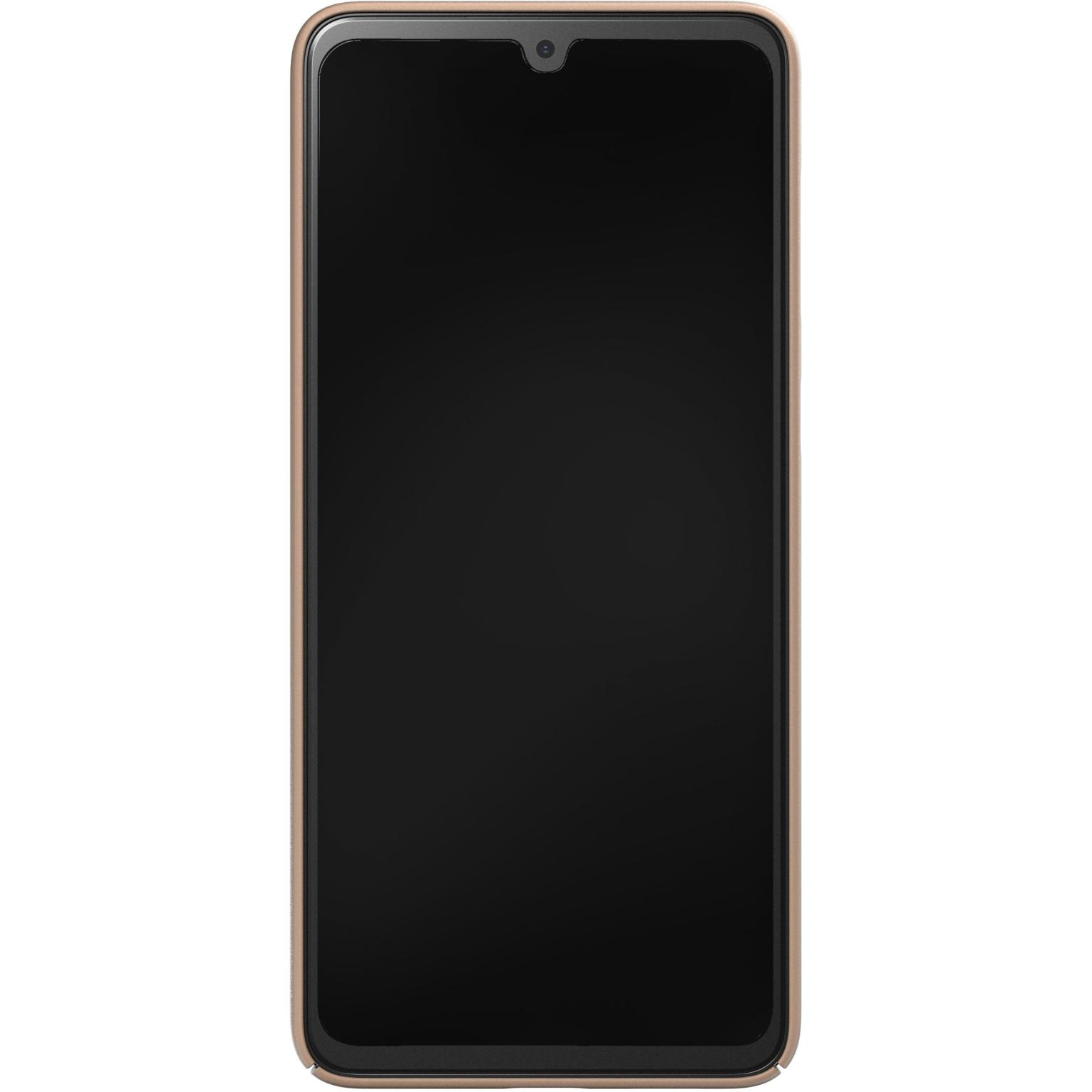 A smartphone with a black screen in a gold frame, against a white background.