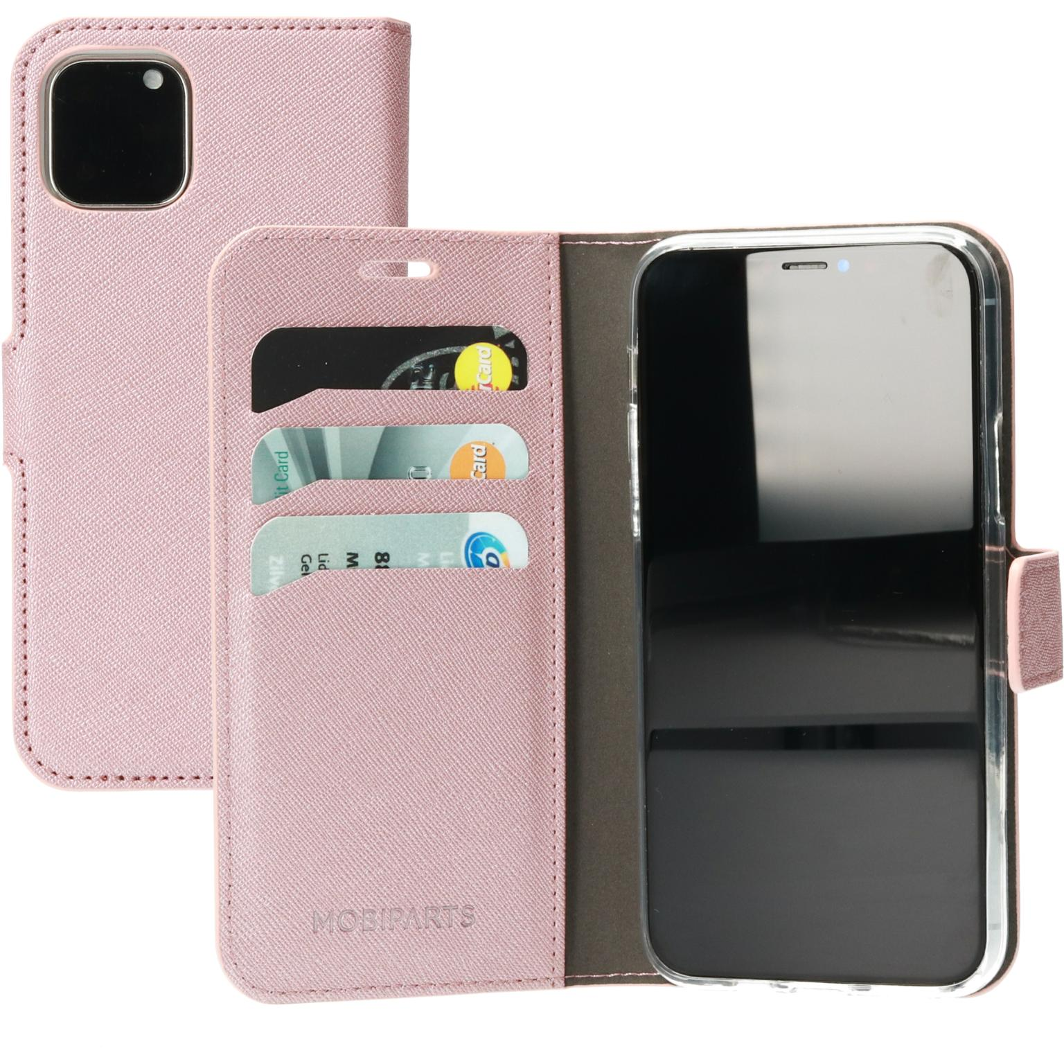 Roze telefoonhoesje open met een telefoon erin. De telefoon toont een zwart scherm. Drie kaarten.