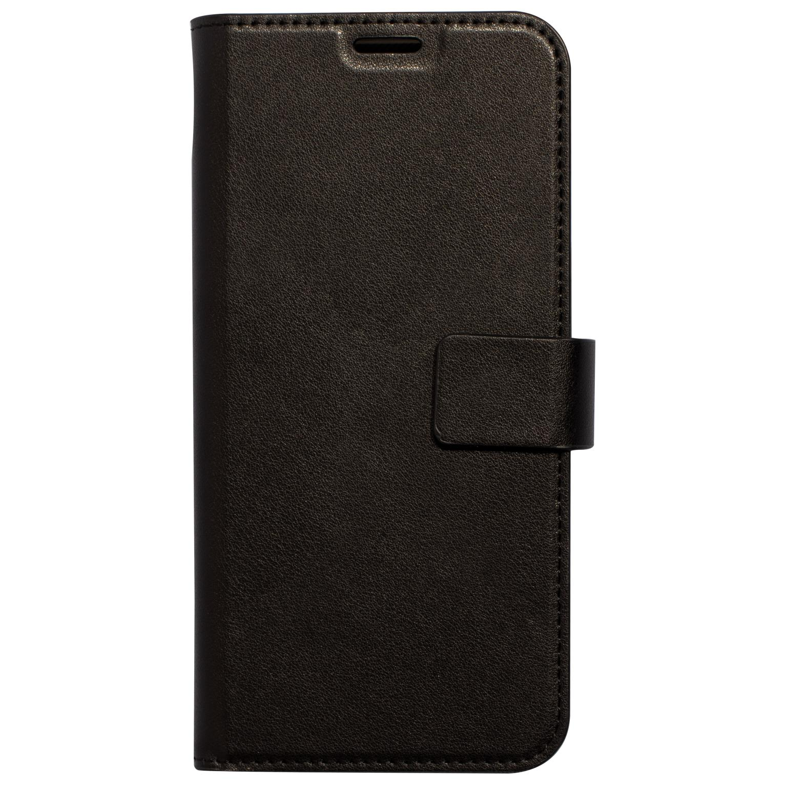 A closed, black leather phone case with a magnetic closure, is shown from the front.