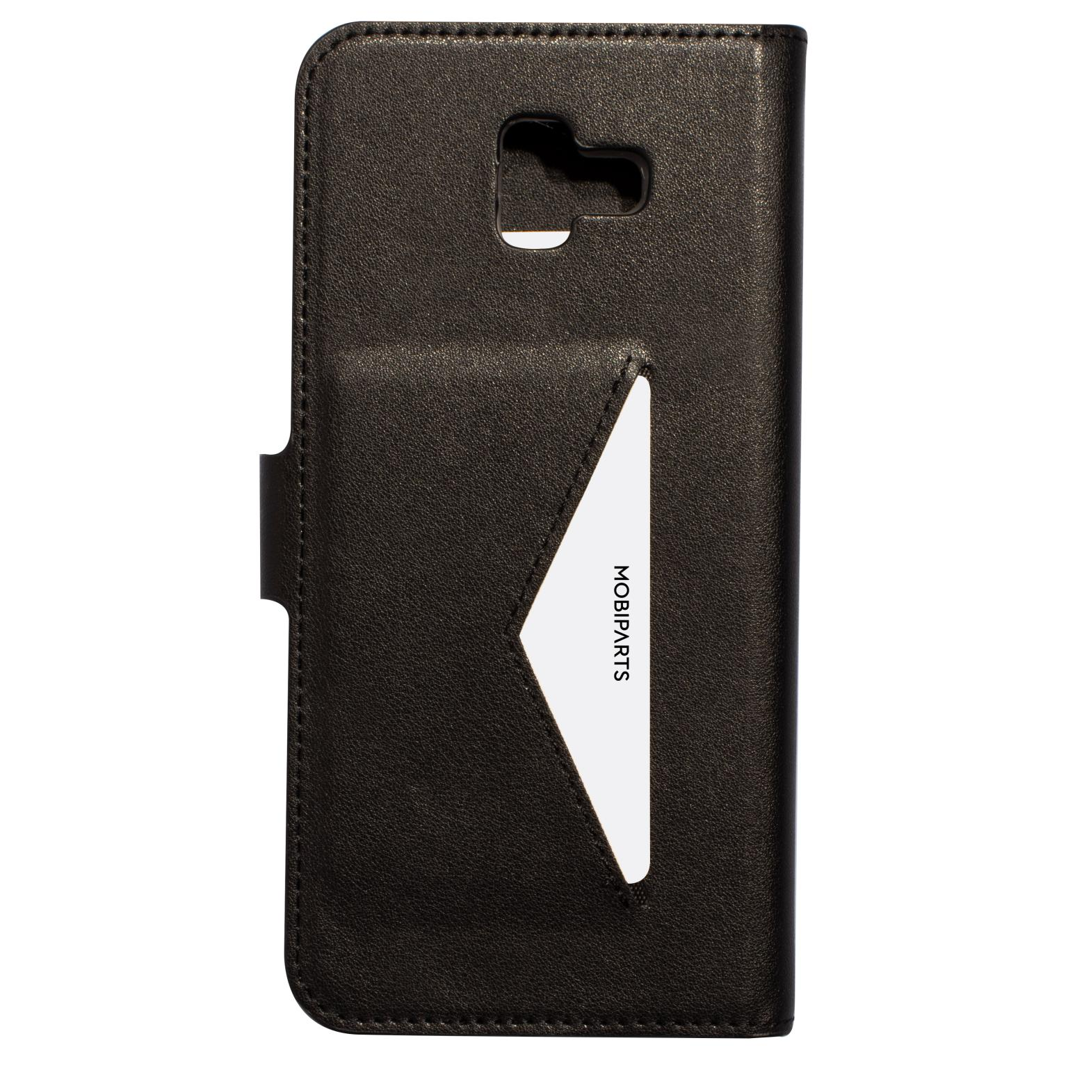 Black leather flip phone case. White Mobiparts logo inside, card slot visible.