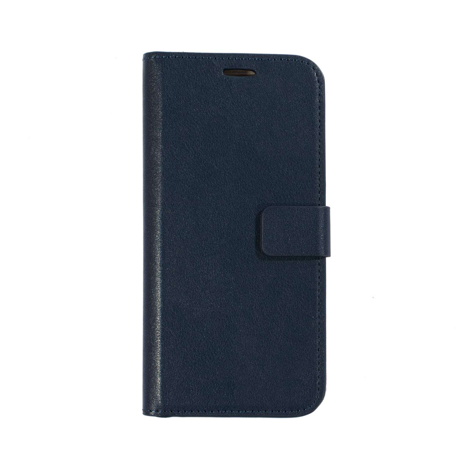 Blue phone case closed. It has a flap to close it and a hole at the top.