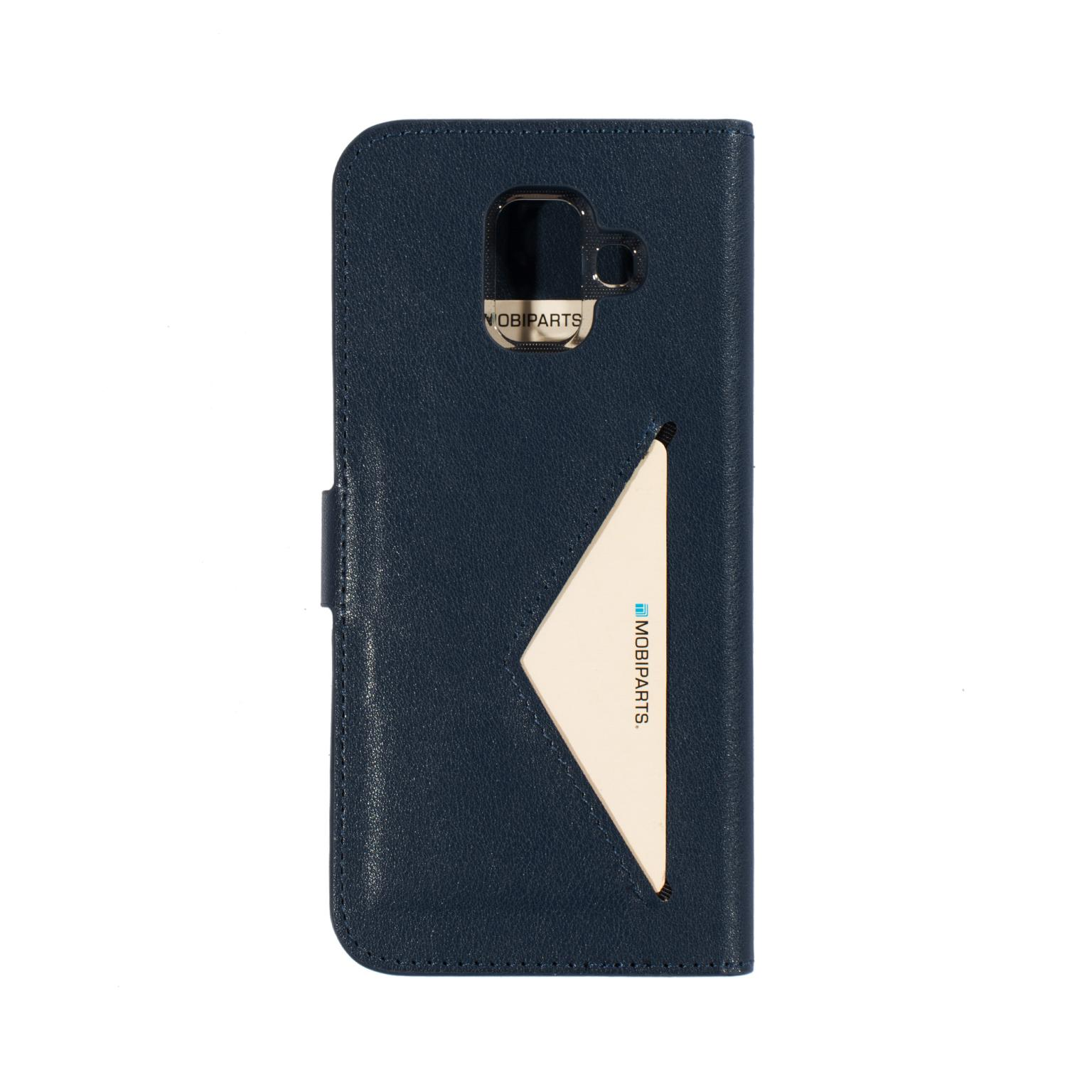 A navy blue phone case, open, showing a card slot.
