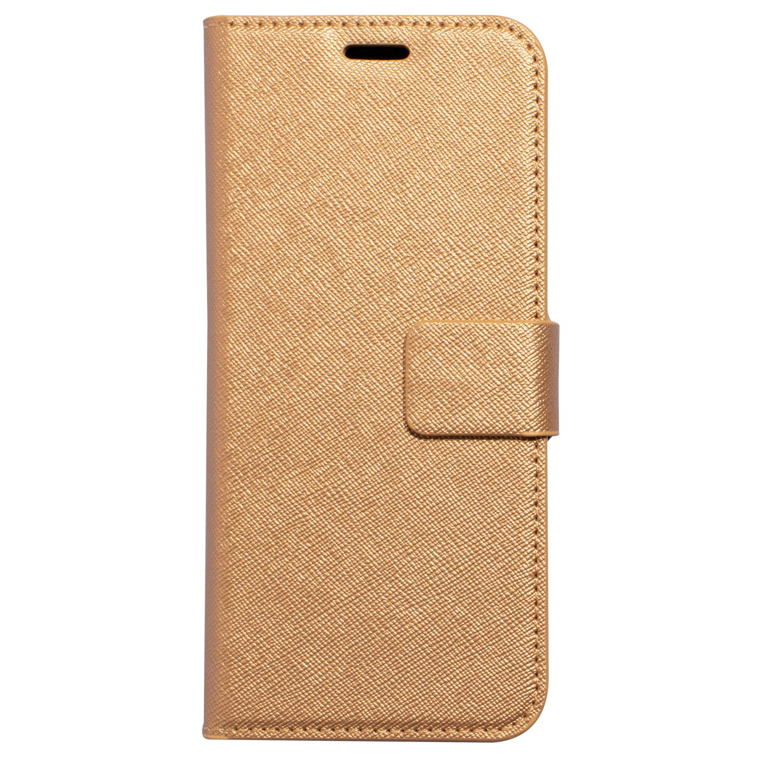 Gouden telefoonhoesje gesloten. Het heeft een flap om het te sluiten en een gat aan de bovenkant.
