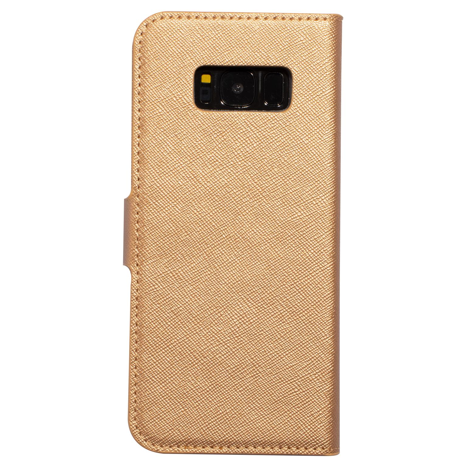 Een gouden telefoonhoesje, open, met de camera van de telefoon.