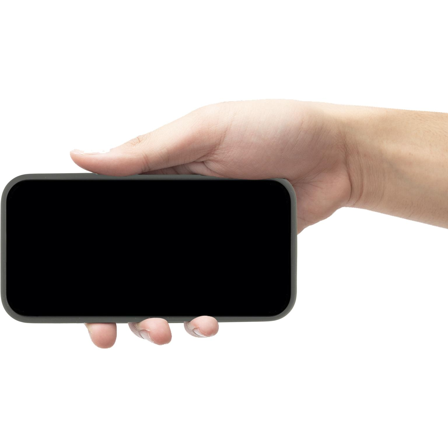 Een hand die een zwarte telefoon vasthoudt en het scherm laat zien.