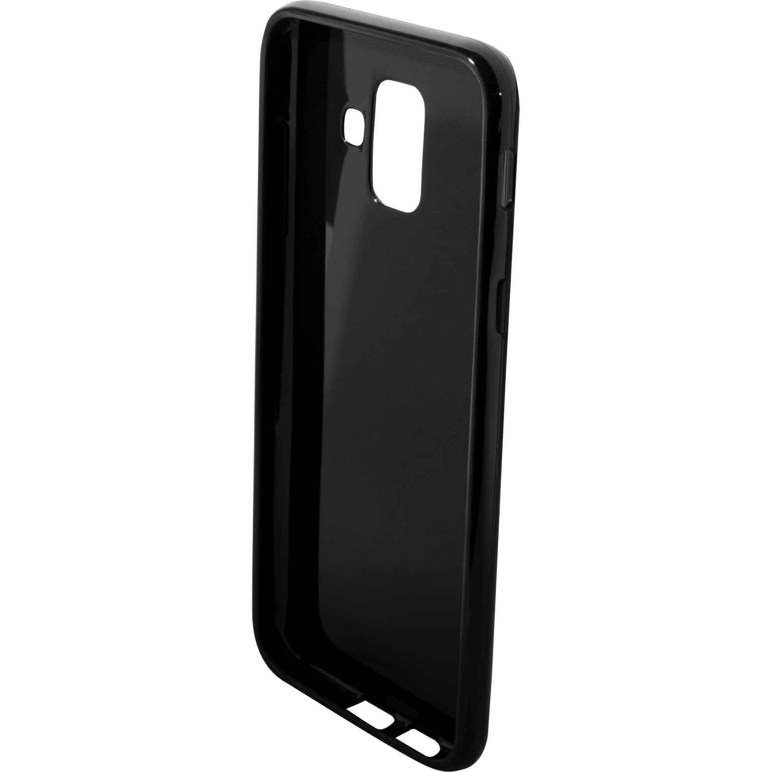 Black phone case with a camera cutout, shown at an angle, on a white background.
