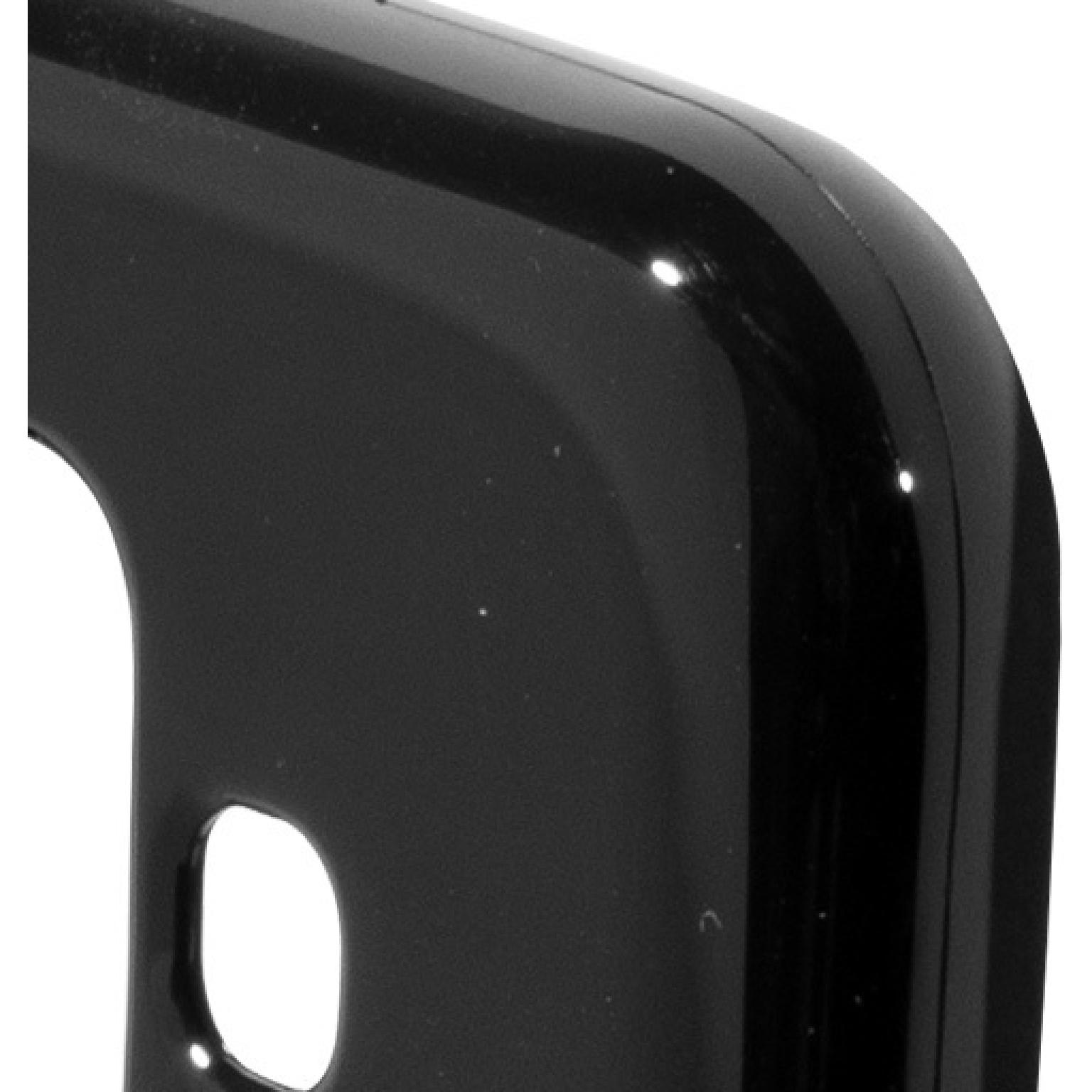 Close-up of black phone case corner. White background.